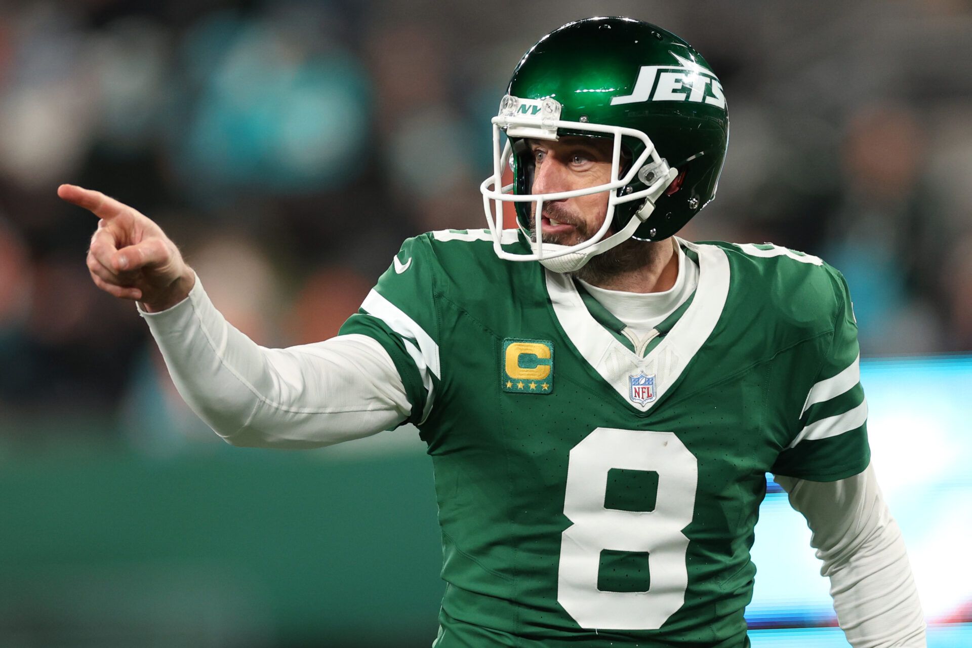 EAST RUTHERFORD, NEW JERSEY - JANUARY 05: Aaron Rodgers #8 of the New York Jets reacts /d at MetLife Stadium on January 05, 2025 in East Rutherford, New Jersey. (Photo by Luke Hales/Getty Images)