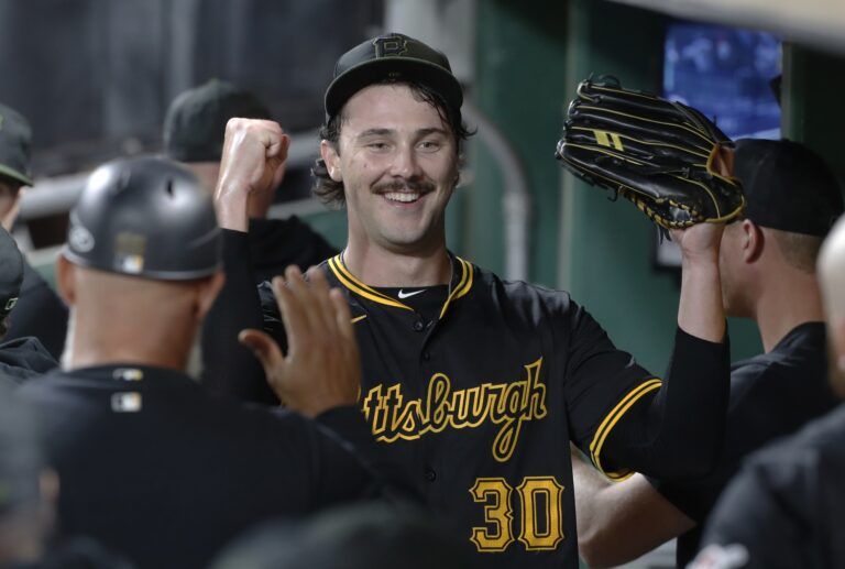 Pittsburgh Pirates starting pitcher Paul Skenes (30) reacts in the dugout after pitching the sixth inning against the Miami Marlins at PNC Park.