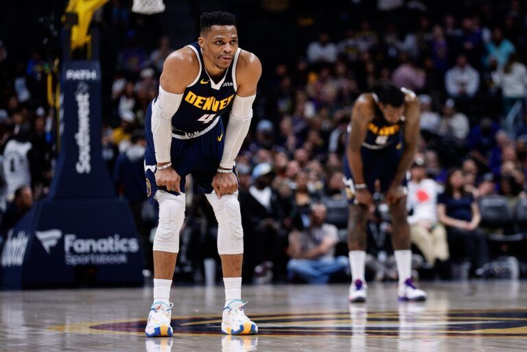 Denver Nuggets guard Russell Westbrook (4) and center DeAndre Jordan (6) in the fourth quarter against the San Antonio Spurs at Ball Arena.