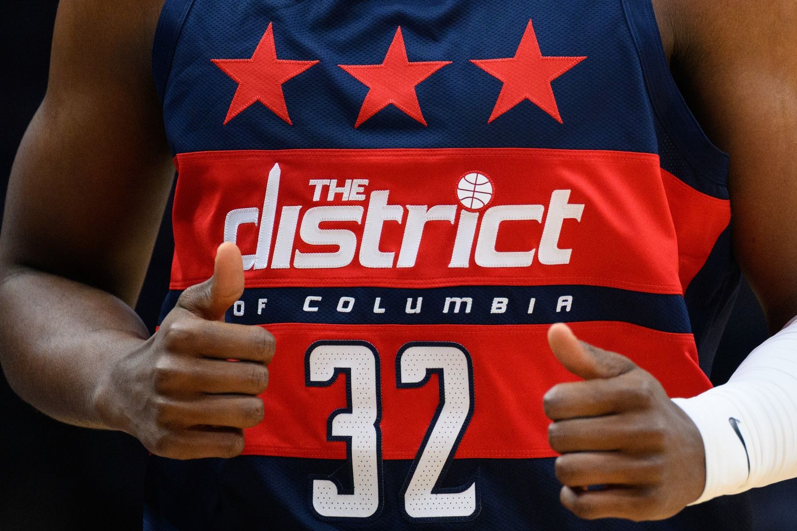 A detailed view a jersey worn by Washington Wizards forward Khris Middleton (32) during the first quarter against the Toronto Raptors at Capital One Arena.