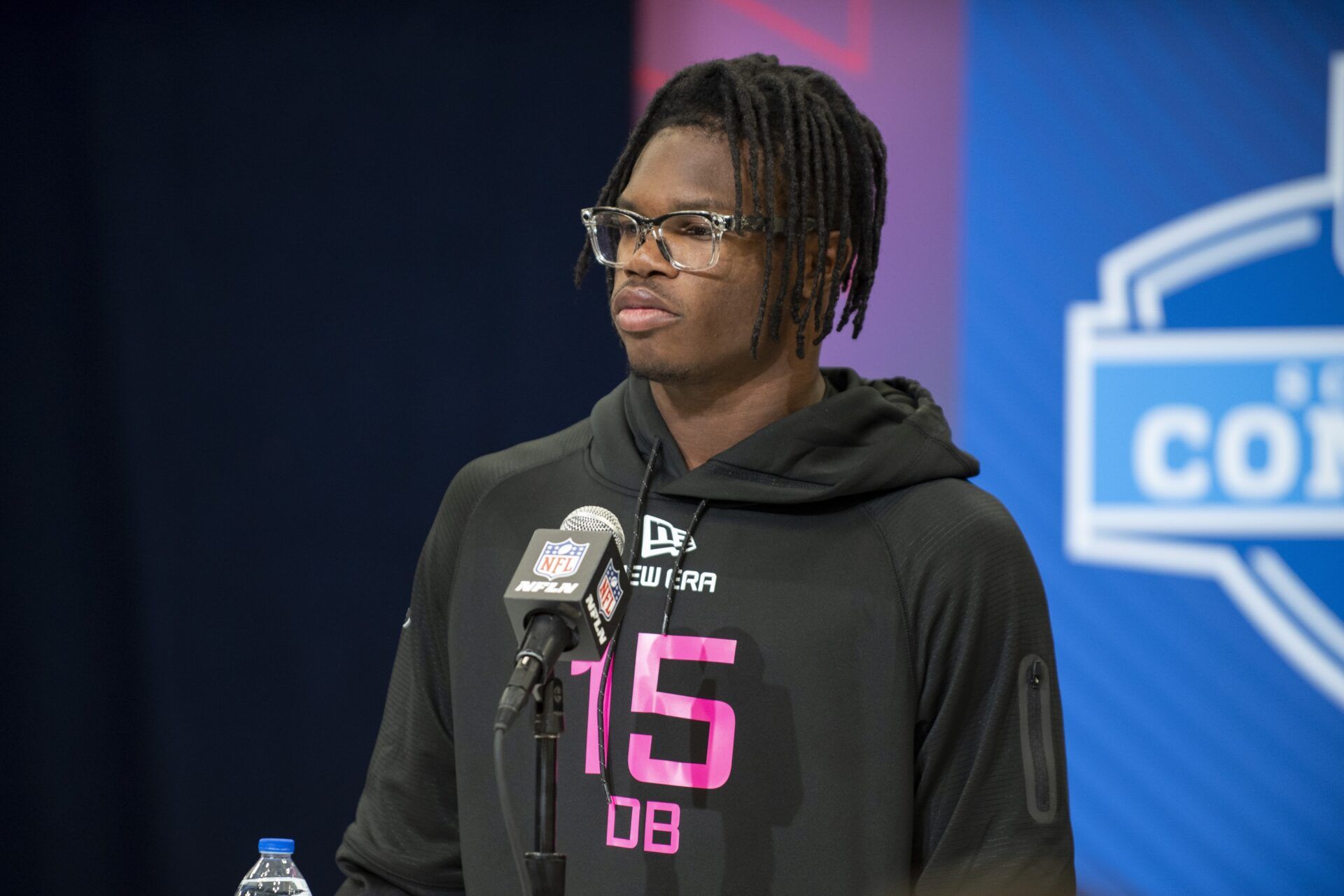 Colorado defensive back Travis Hunter (DB15) during the 2025 NFL Combine at Lucas Oil Stadium.