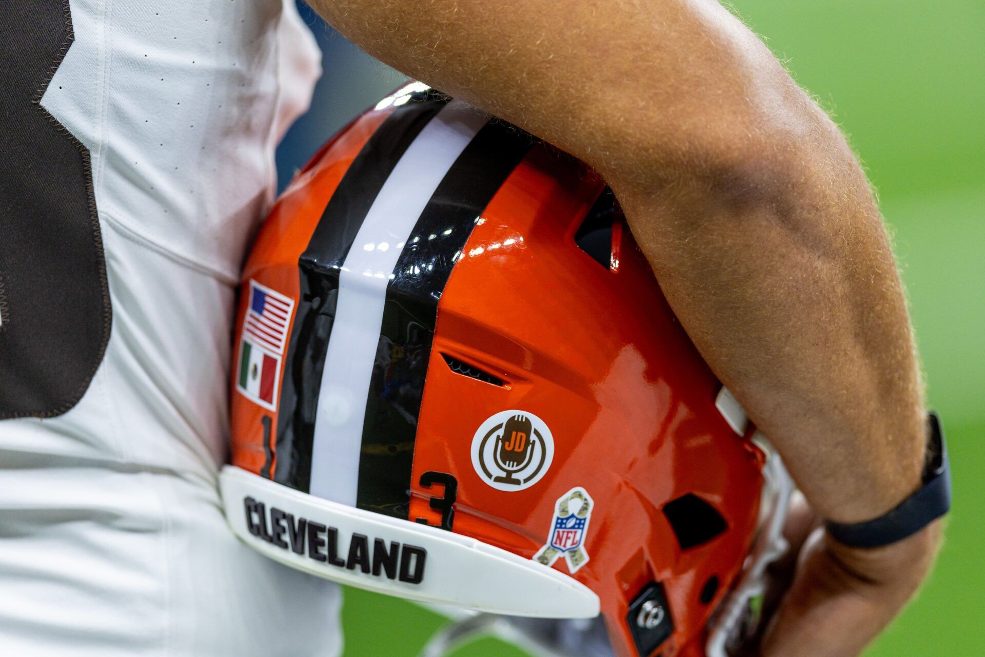 Detailed view of a Cleveland Browns helmet on a time out against the New Orleans Saints during the first half at Caesars Superdome.