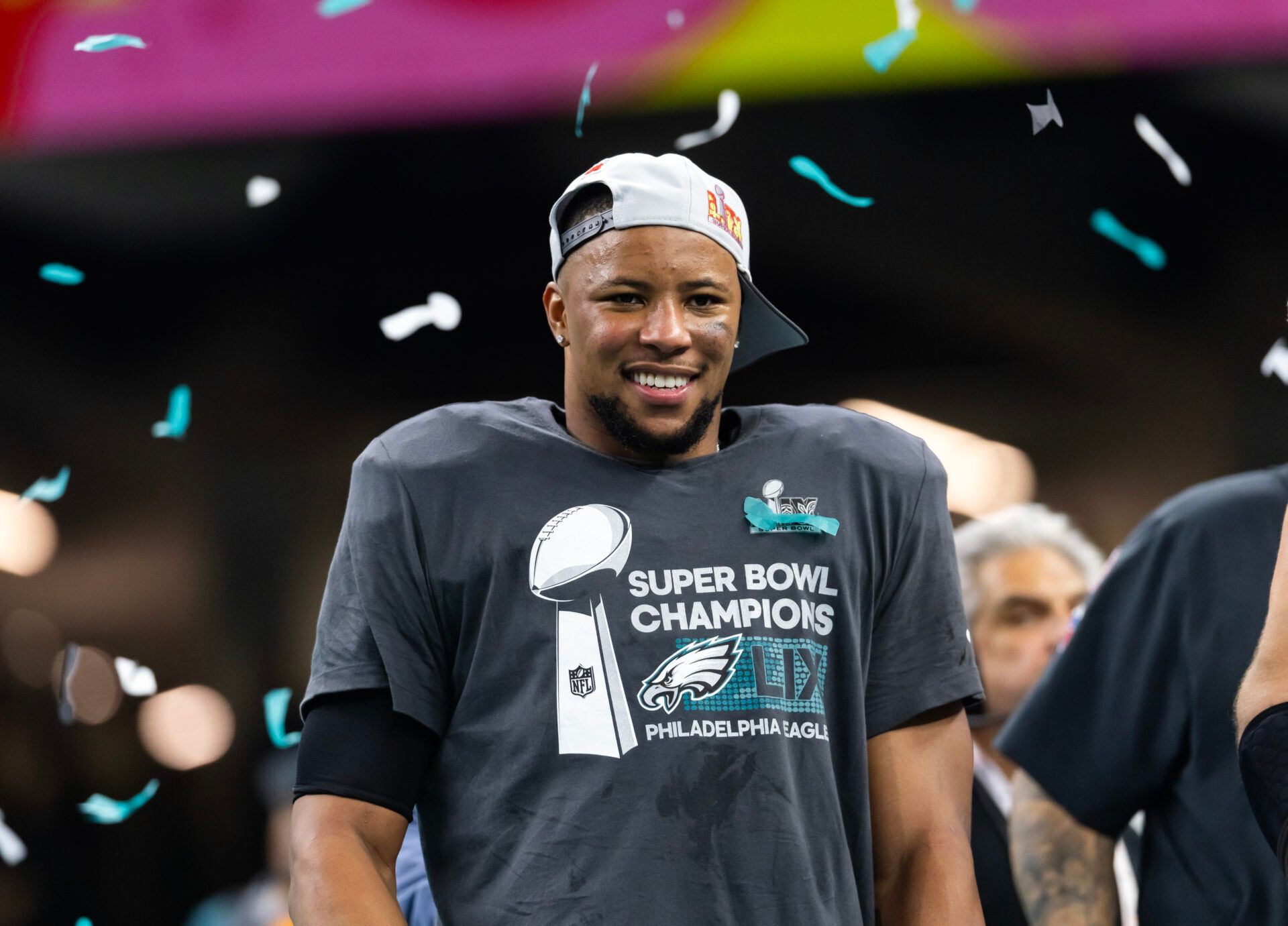 Feb 9, 2025; New Orleans, LA, USA; Philadelphia Eagles running back Saquon Barkley (26) celebrates after defeating the Kansas City Chiefs during Super Bowl LIX at Ceasars Superdome. Mandatory Credit: Mark J. Rebilas-Imagn Images