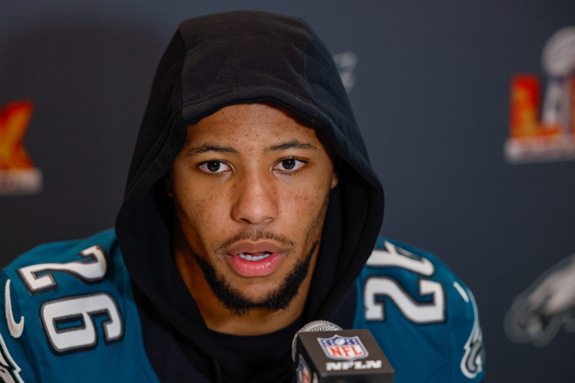 Feb 6, 2025; New Orleans, LA, USA; Philadelphia Eagles running back Saquon Barkley (26) during a press conference in advance of Super Bowl LIX at New Orleans Marriott. Mandatory Credit: Stephen Lew-Imagn Images