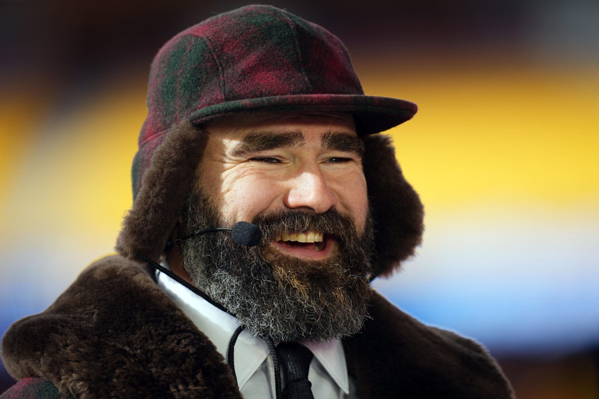Philadelphia Eagles former player and ESPN commentator Jason Kelce reacts before in a 2025 AFC divisional round game between the Kansas City Chiefs and the Houston Texans at GEHA Field at Arrowhead Stadium.