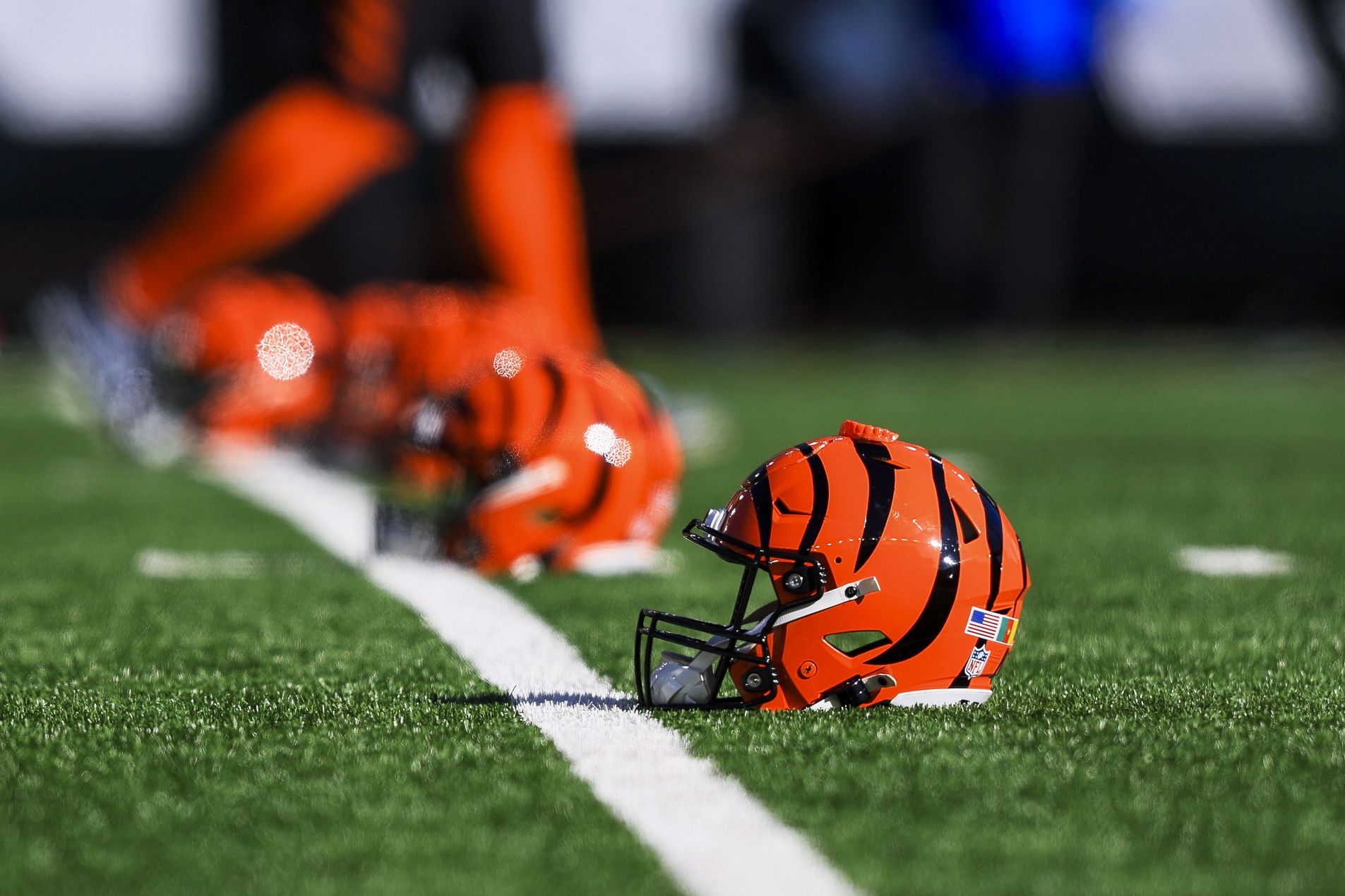 A general view of a Cincinnati Bengals helmet during warmups before the game against the Pittsburgh Steelers at Paycor Stadium.