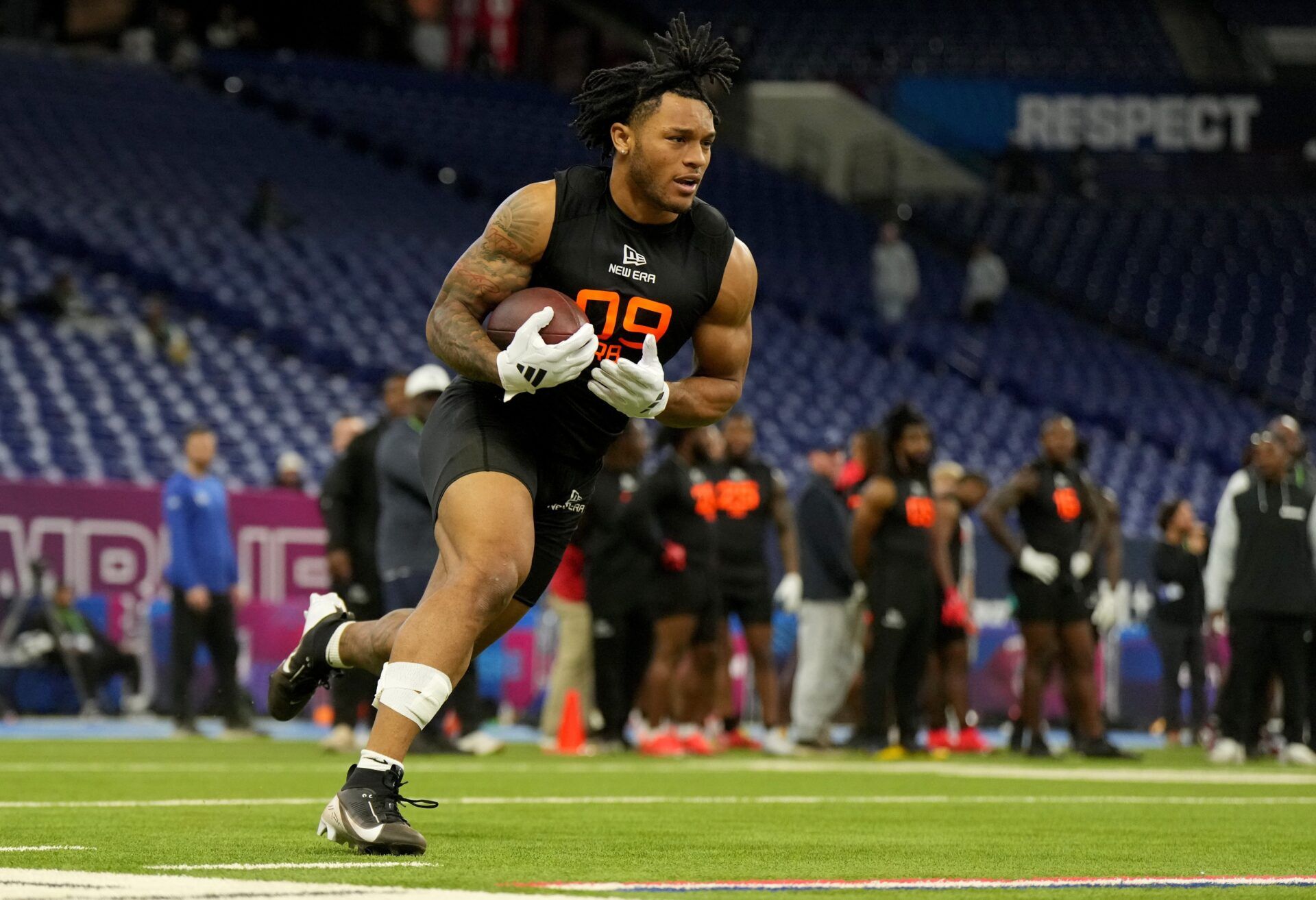 North Carolina running back Omarion Hampton (RB09) during the 2025 NFL Combine at Lucas Oil Stadium.
