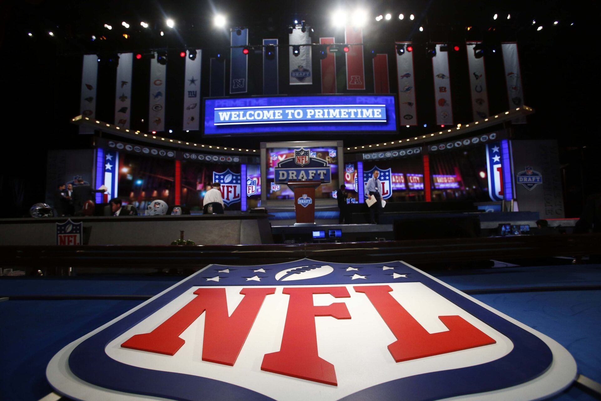 A general view of the NFL shield logo and main stage before the 2013 NFL Draft at Radio City Music Hall.