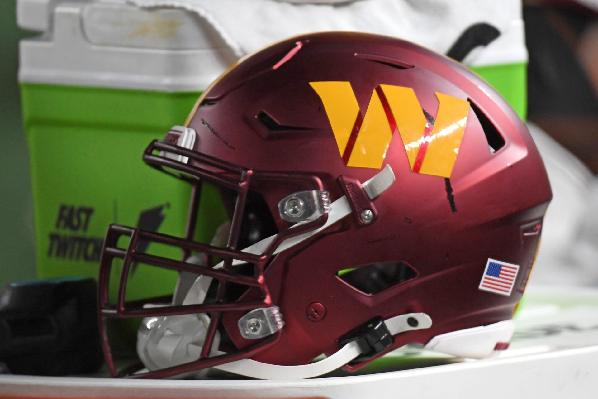 Washington Commanders helmet sits on the sidelines against the Philadelphia Eagles at Lincoln Financial Field.