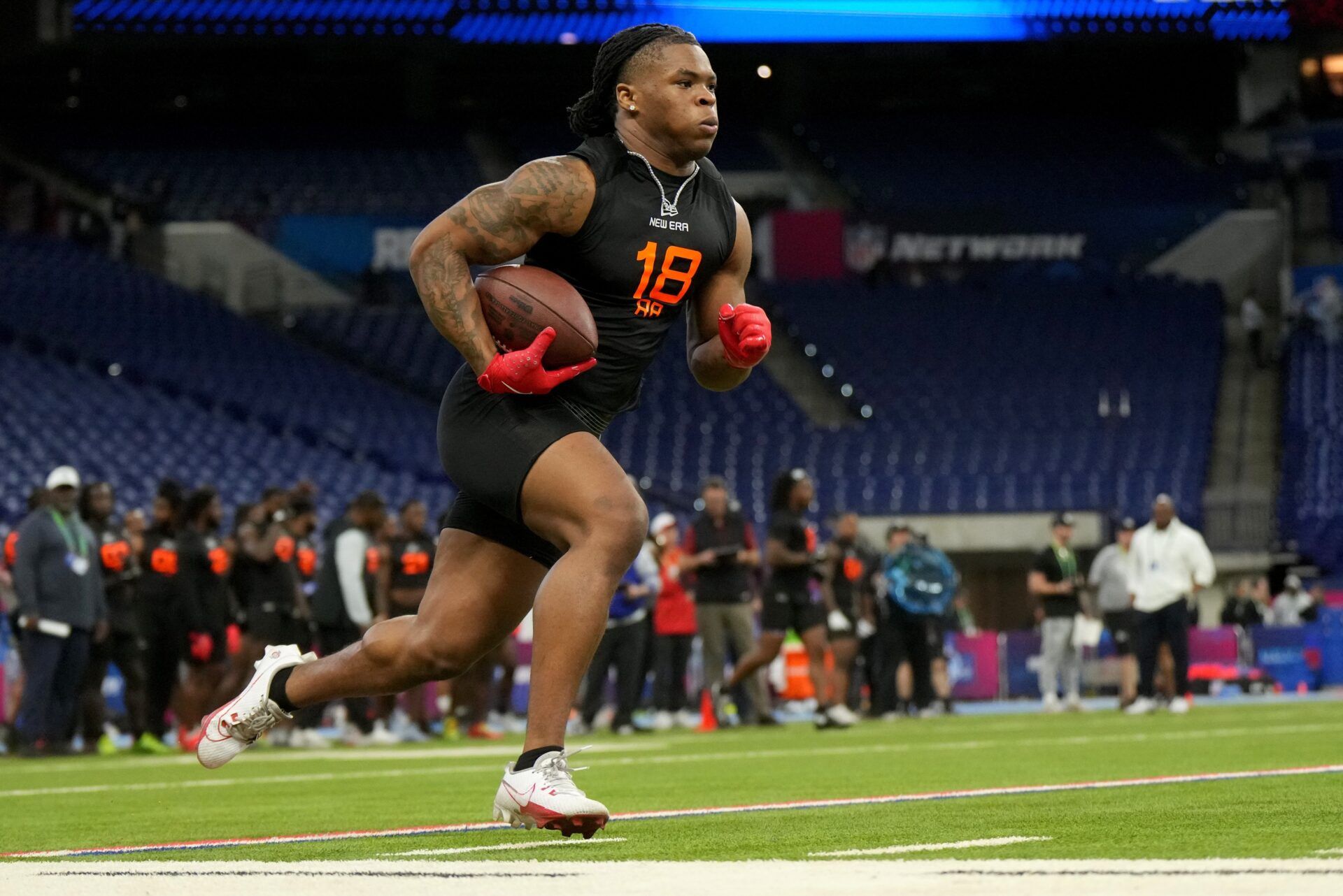 Ohio State running back Quinshon Judkins (RB18) during the 2025 NFL Combine at Lucas Oil Stadium.