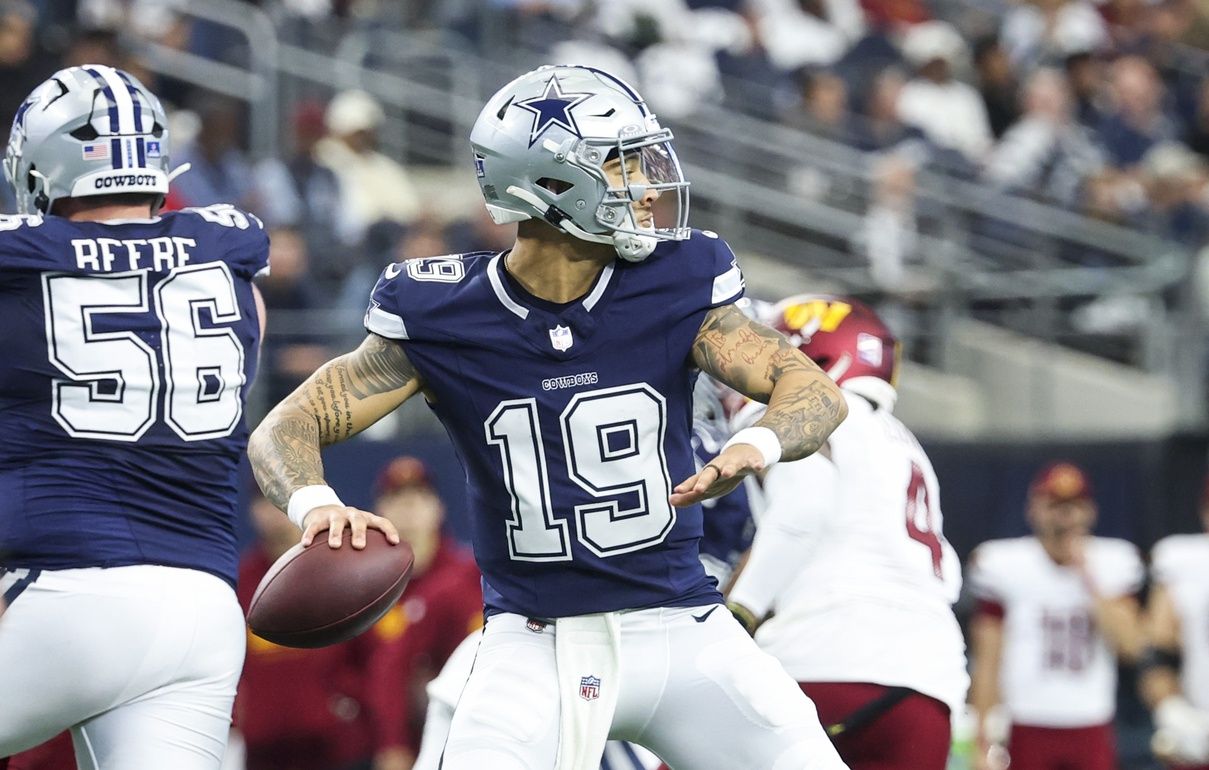 Dallas Cowboys quarterback Trey Lance (19) throws during the first half against the Washington Commanders at AT&T Stadium.
