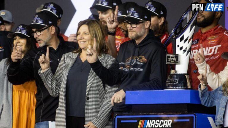 NASCAR Xfinity Series team owner Dale Earnhardt Jr and sister Kelley Earnhardt Miller celebrate after winning the 2024 Xfinity Series championship during the Championship race at Phoenix Raceway.