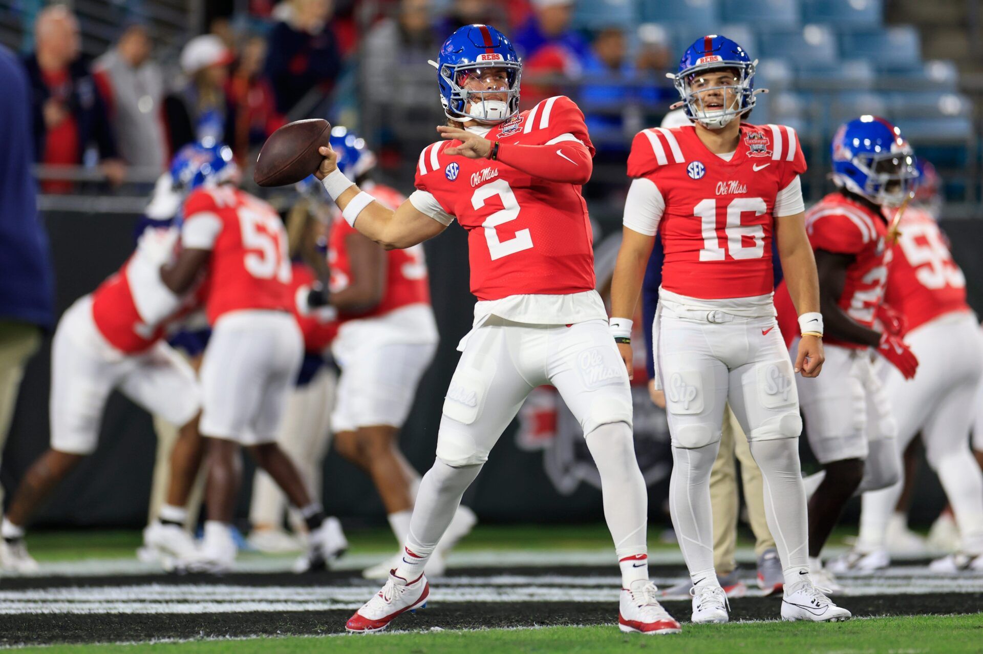Mississippi Rebels quarterback Jaxson Dart (2) throws the ball before the TaxSlayer Gator Bowl Thursday, Jan. 2, 2025 at EverBank Stadium in Jacksonville, Fla.