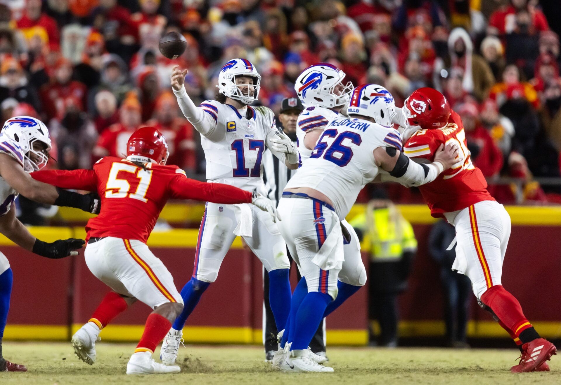 Buffalo Bills quarterback Josh Allen (17) against the Kansas City Chiefs during the AFC Championship game at GEHA Field at Arrowhead Stadium.