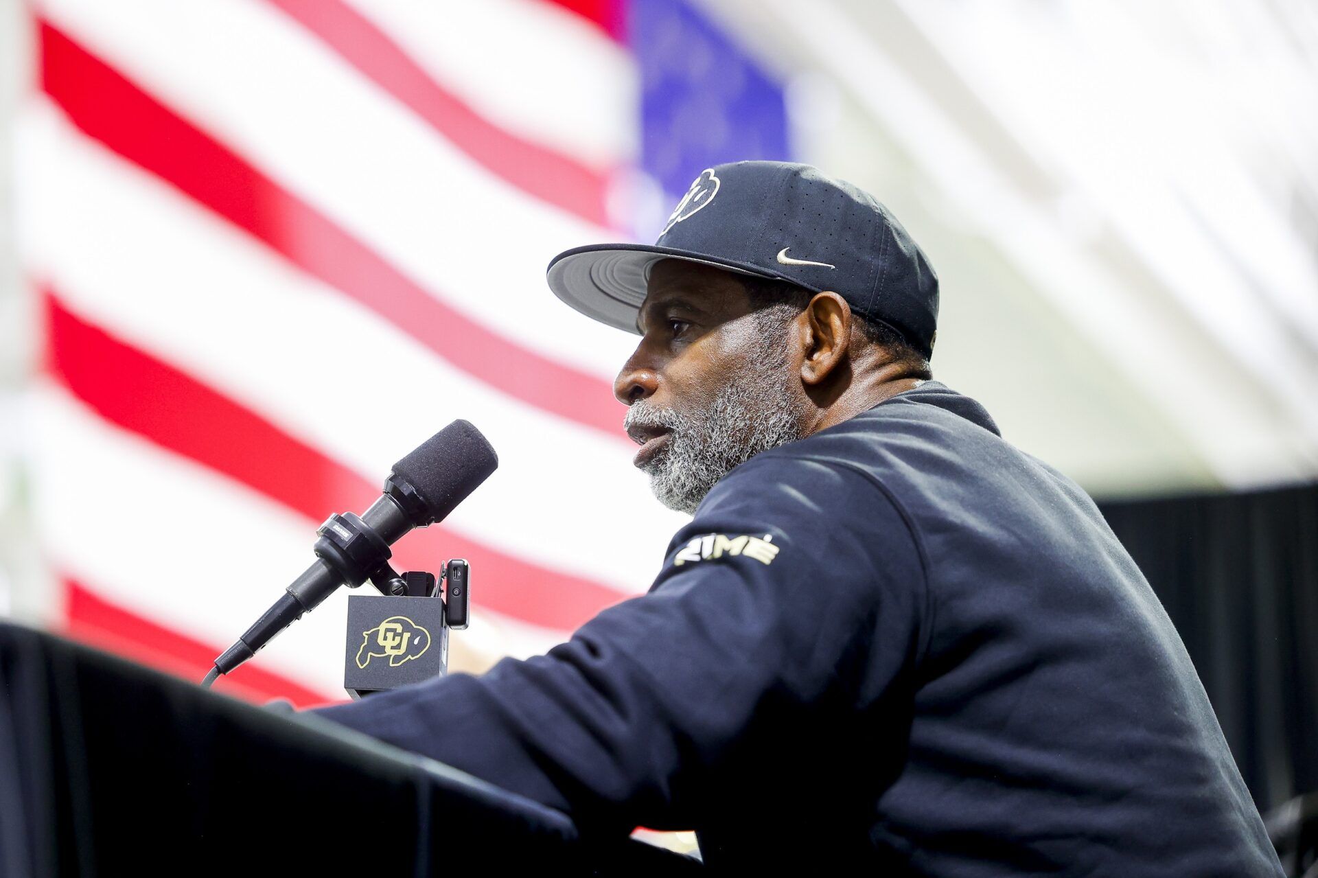 Colorado Buffaloes head coach Deion Sanders speaks to the media at the University of Colorado NFL Showcase at the CU Indoor Practice Facility.