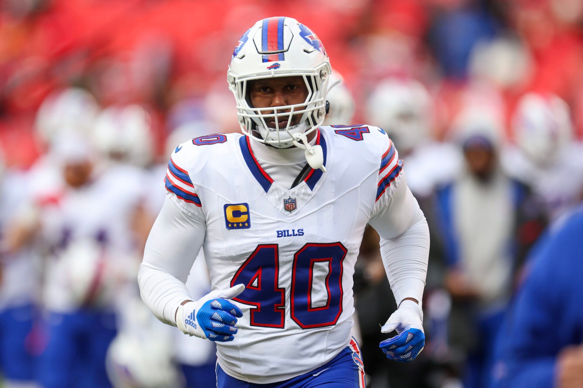KANSAS CITY, MISSOURI - DECEMBER 10: Von Miller #40 of the Buffalo Bills reacts during the first half of the game against the Kansas City Chiefs at GEHA Field at Arrowhead Stadium on December 10, 2023 in Kansas City, Missouri. (Photo by Jamie Squire/Getty Images)