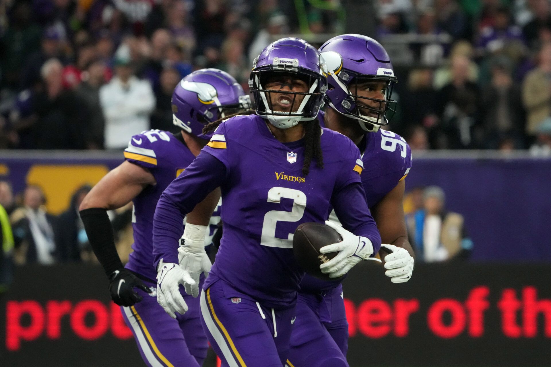 Oct 6, 2024; London, United Kingdom; Minnesota Vikings cornerback Stephon Gilmore (2) celebrates with teammates after intercepting a pass in the fourth quarter against the New York Jets at Tottenham Hotspur Stadium. Mandatory Credit: Kirby Lee-Imagn Images