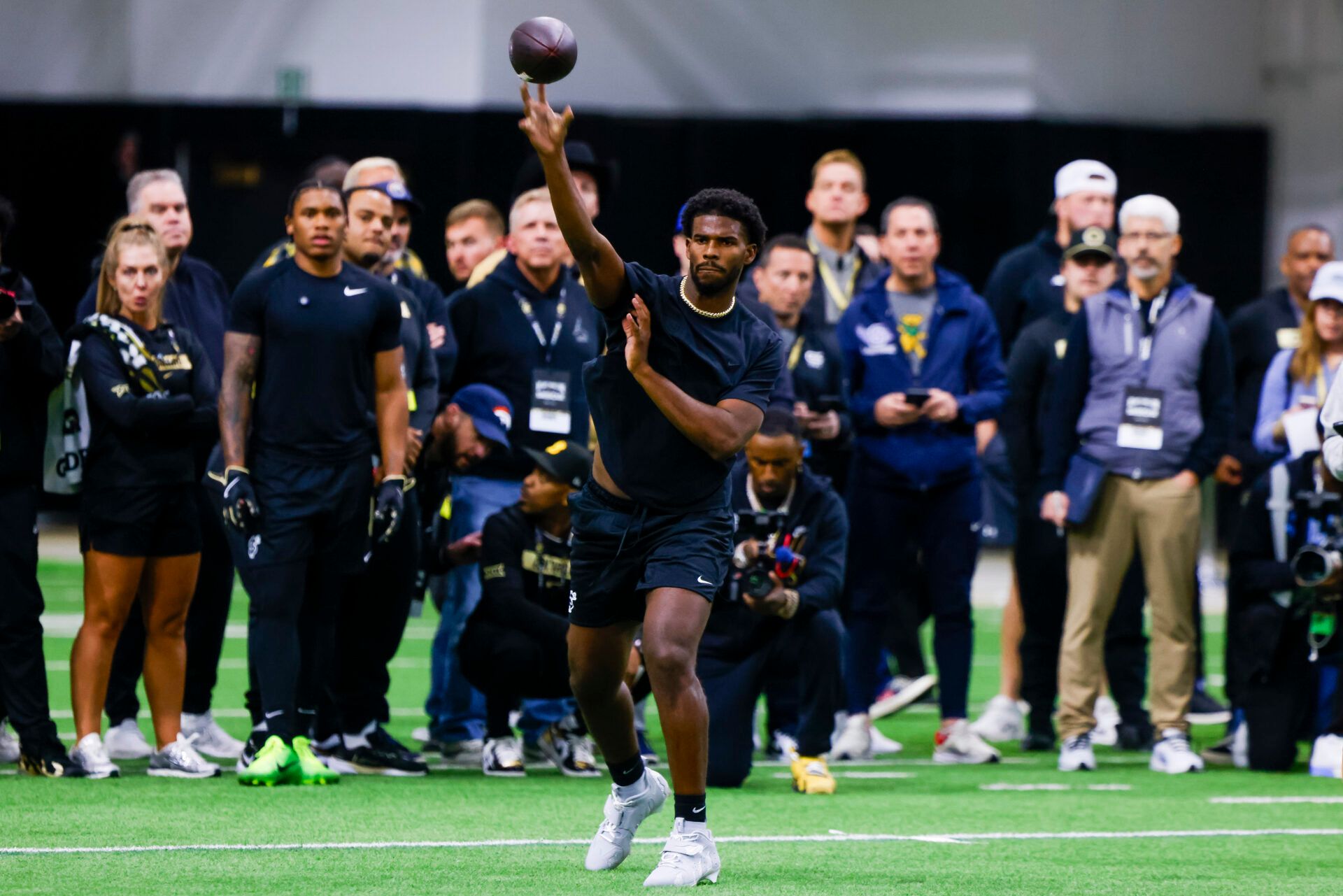 Apr 4, 2025; Boulder, CO, USA; Colorado Buffaloes quarterback Shedeur Sanders (2) passes the ball at the University of Colorado NFL Showcase at the CU Indoor Practice Facility. Mandatory Credit: Michael Ciaglo-Imagn Images