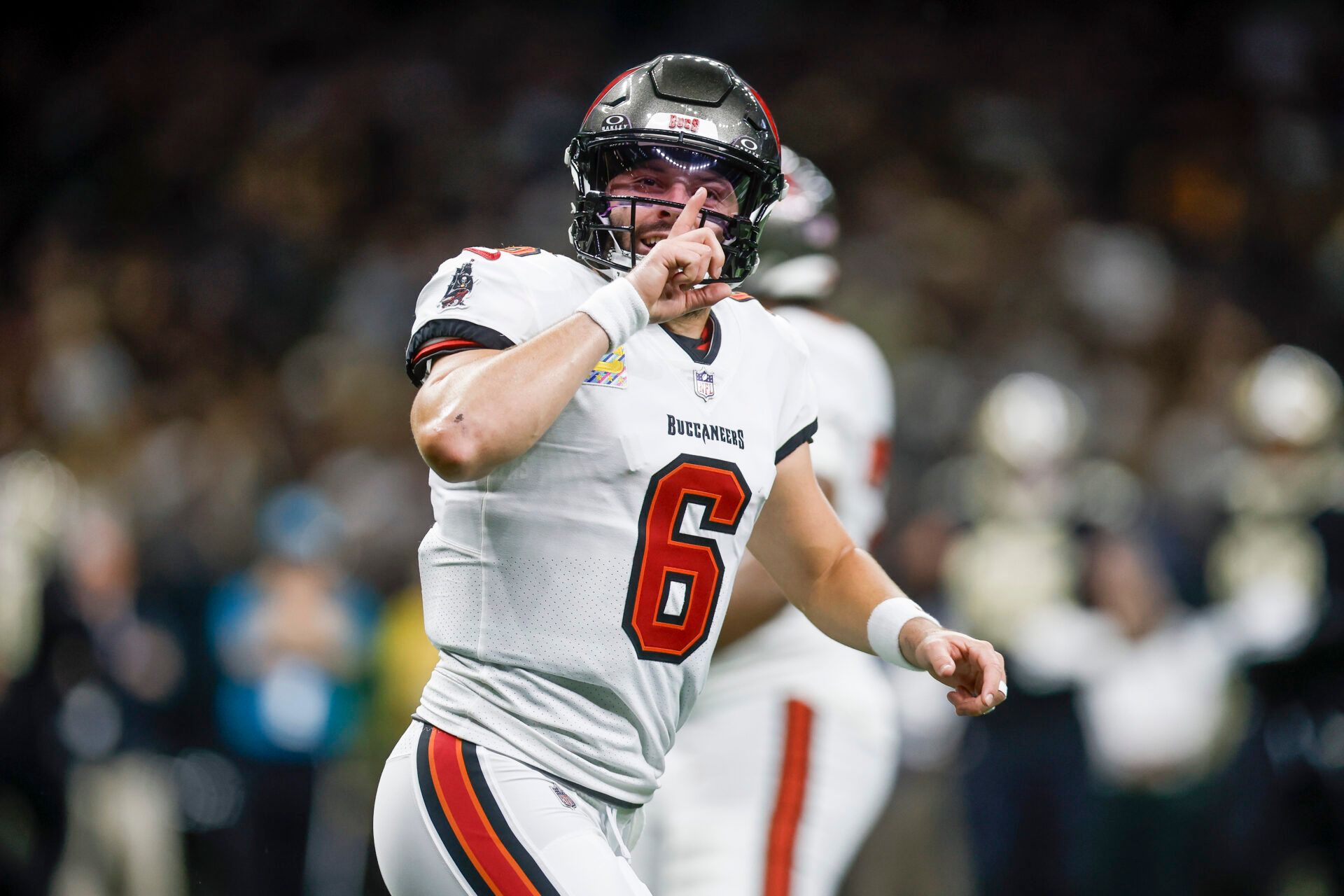 NEW ORLEANS, LOUISIANA - OCTOBER 13: Baker Mayfield #6 of the Tampa Bay Buccaneers reacts after a touchdown against the New Orleans Saints during the first quarter of the game at Caesars Superdome on October 13, 2024 in New Orleans, Louisiana. (Photo by Chris Graythen/Getty Images)