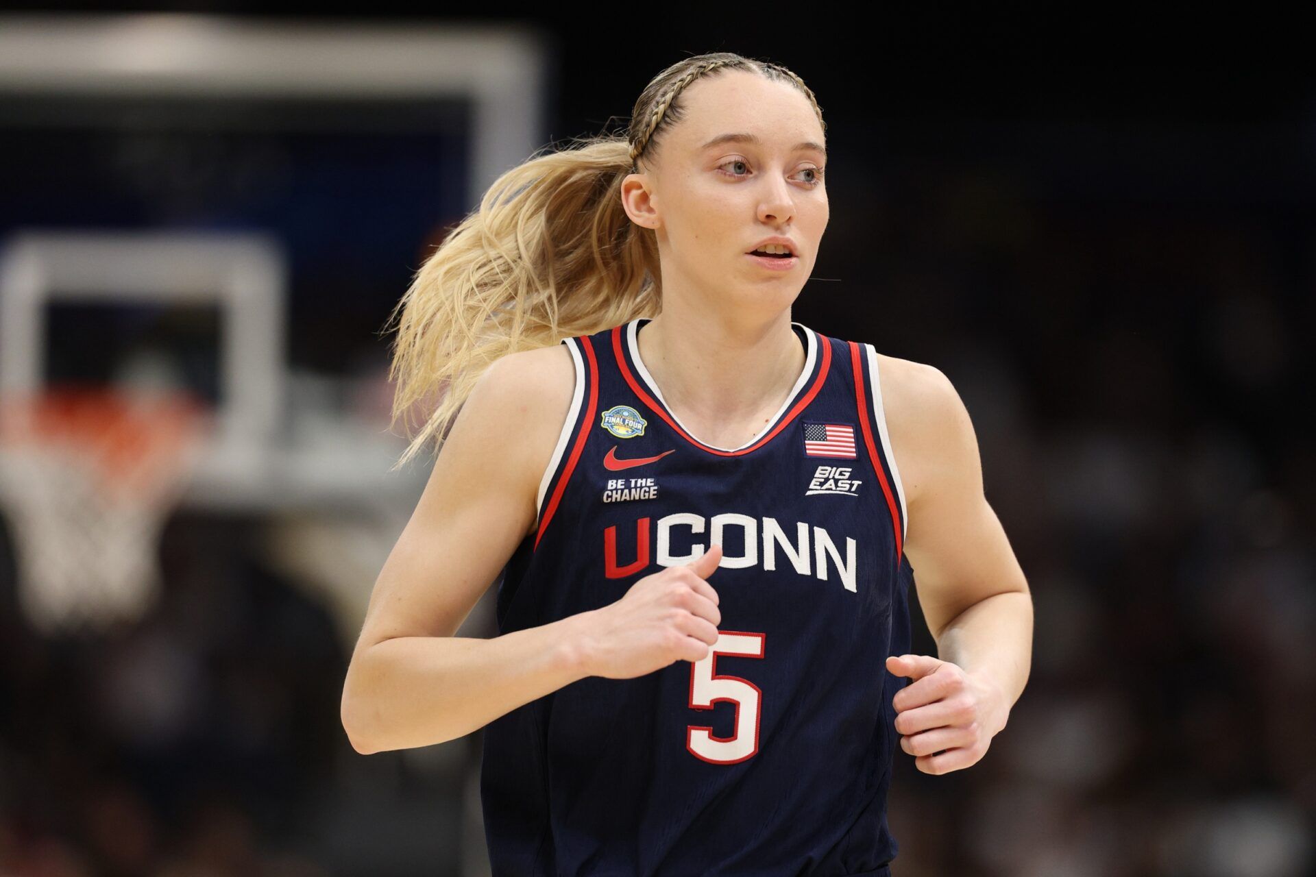Connecticut Huskies guard Paige Bueckers (5) reacts during first quarter in a semifinal of the women's 2025 NCAA tournament against the UCLA Bruins at Amalie Arena.