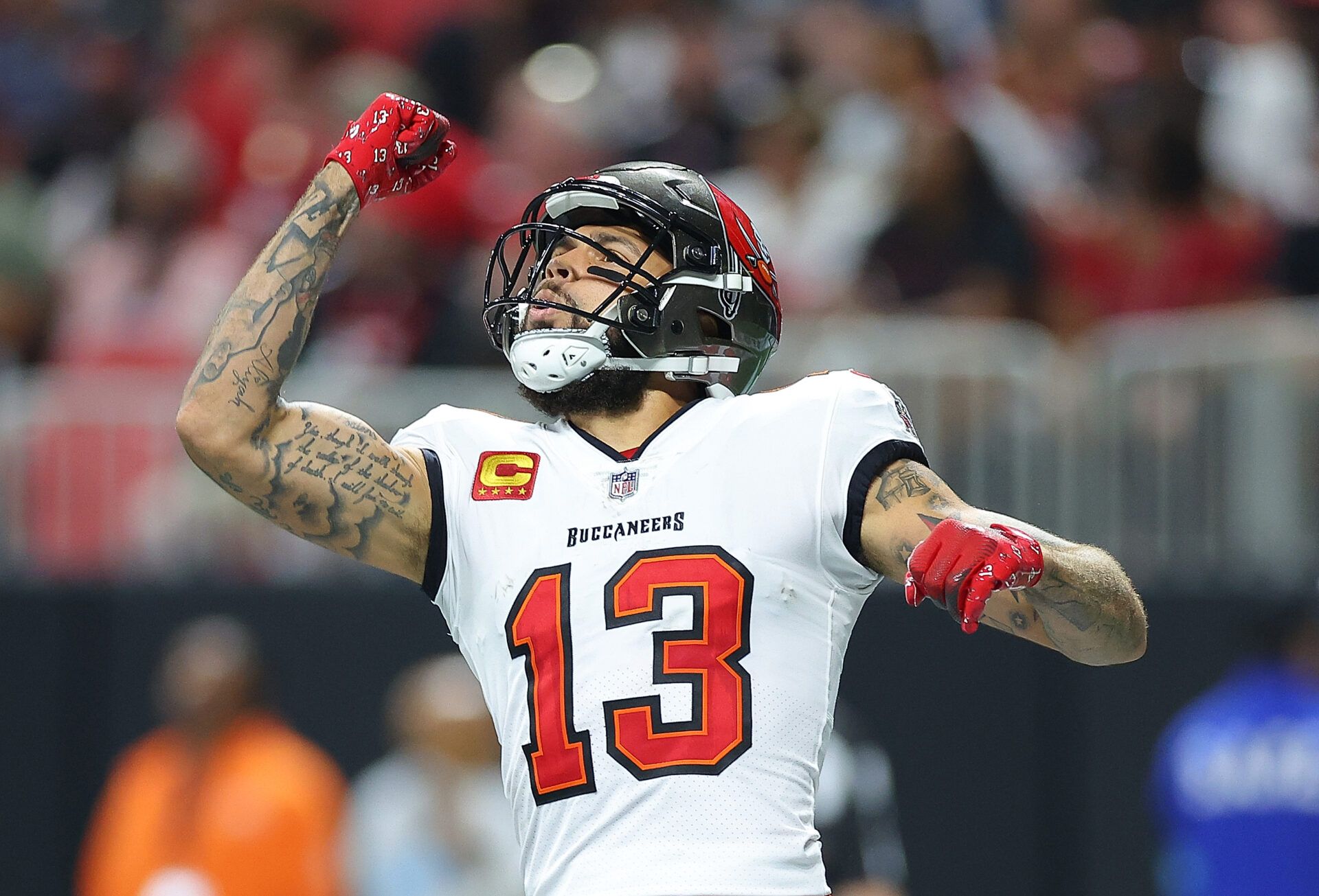 ATLANTA, GEORGIA - OCTOBER 03: Mike Evans #13 of the Tampa Bay Buccaneers reacts after a touchdown against the Atlanta Falcons during the second quarter at Mercedes-Benz Stadium on October 03, 2024 in Atlanta, Georgia. (Photo by Kevin C. Cox/Getty Images)