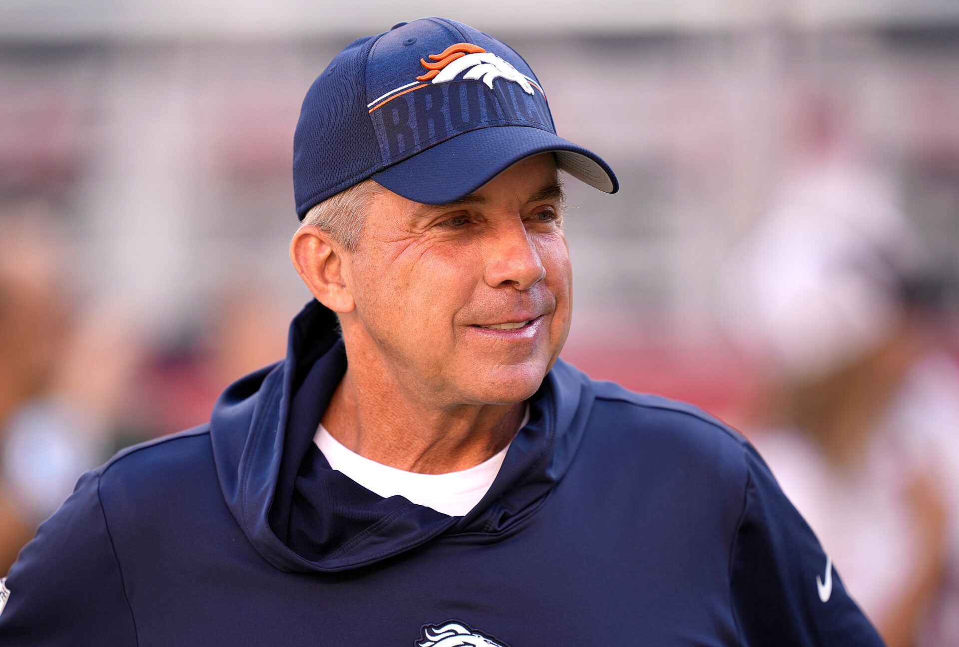 SANTA CLARA, CALIFORNIA - AUGUST 19: Head coach Sean Payton of the Denver Broncos looks on during pregame warm ups prior to playing the San Francisco 49ers at Levi's Stadium on August 19, 2023 in Santa Clara, California. (Photo by Thearon W. Henderson/Getty Images)