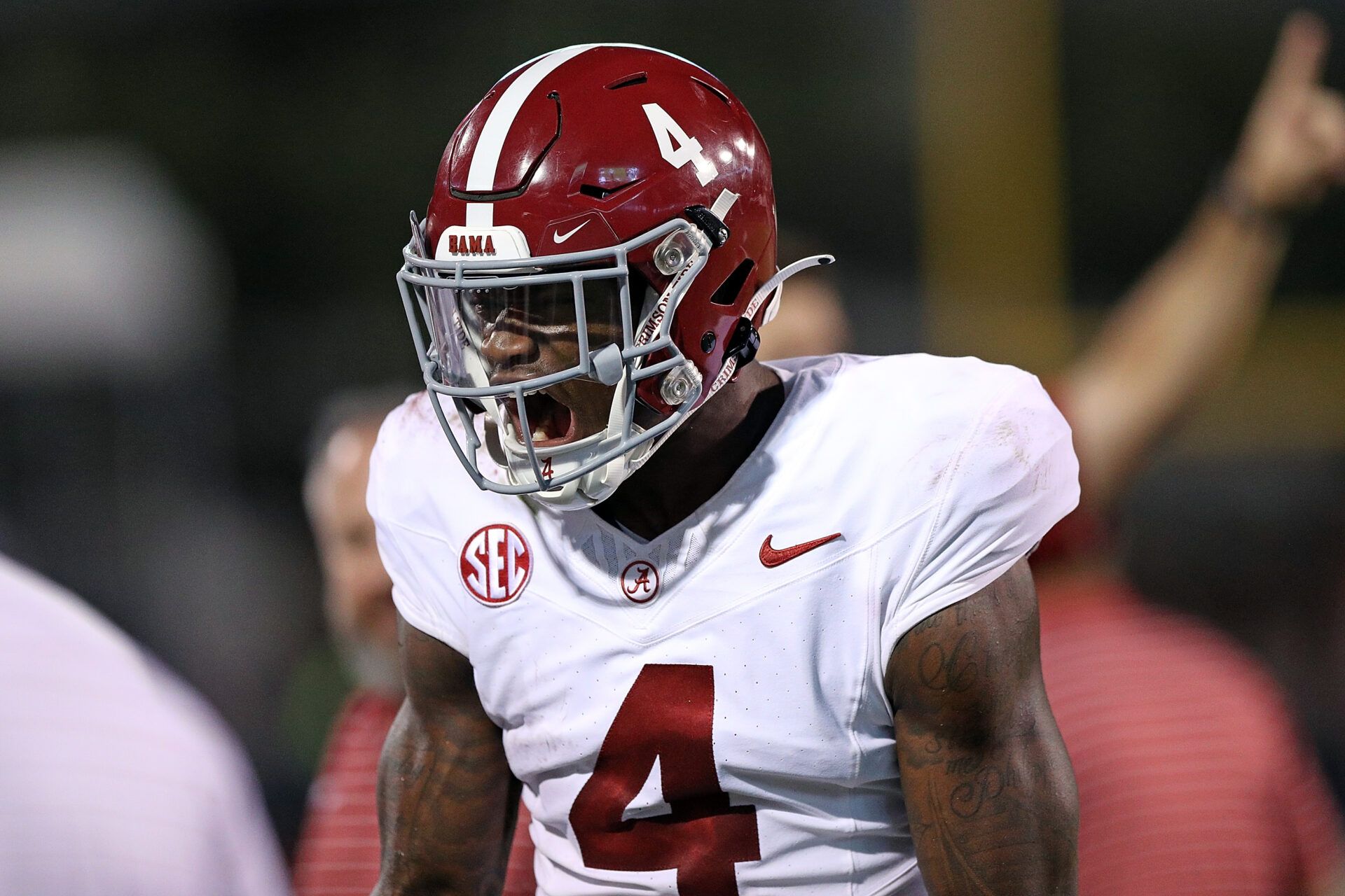 STARKVILLE, MISSISSIPPI - SEPTEMBER 30: Jalen Milroe #4 of the Alabama Crimson Tide reacts during the first half against the Mississippi State Bulldogs at Davis Wade Stadium on September 30, 2023 in Starkville, Mississippi. (Photo by Justin Ford/Getty Images)