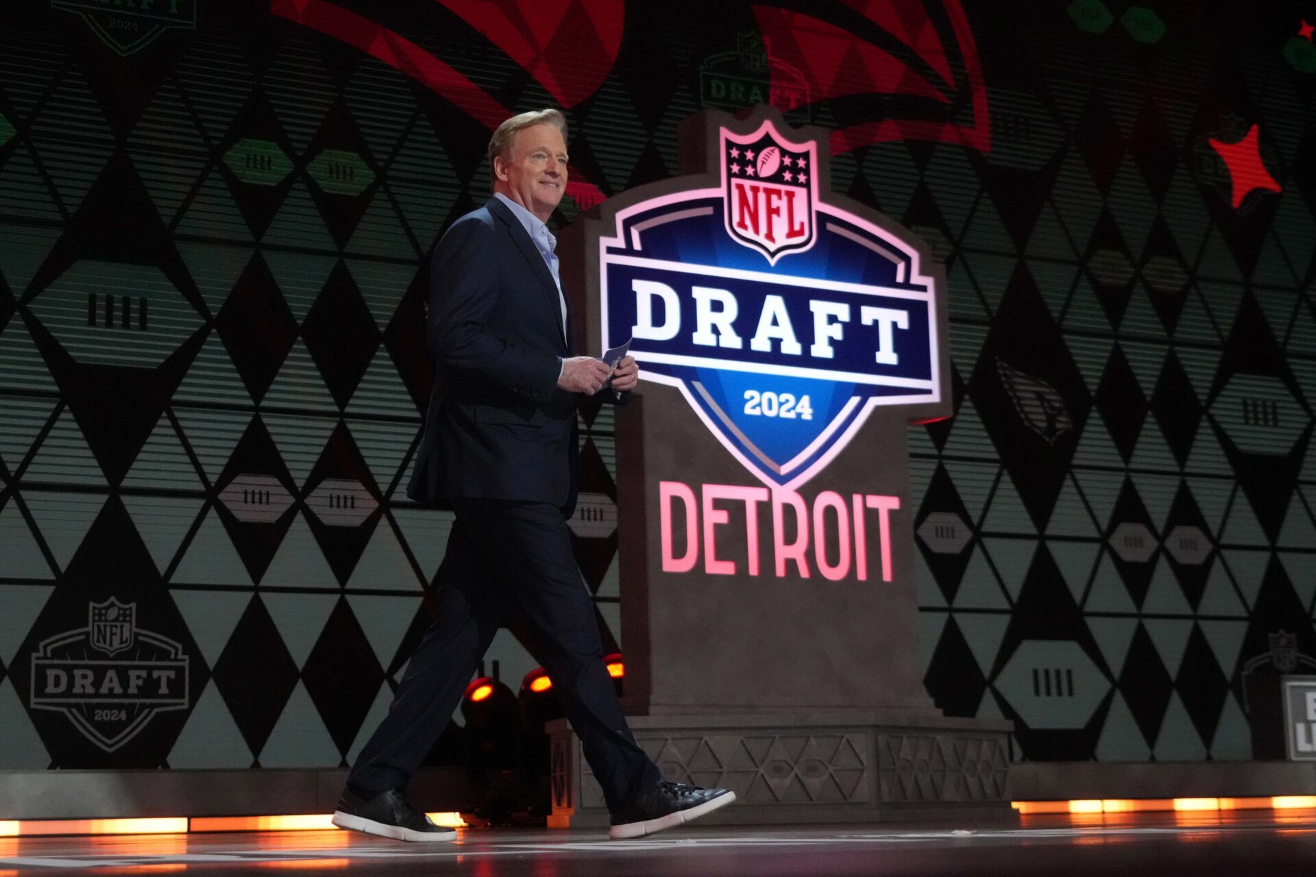 NFL commissioner Roger Goodell reacts during the 2024 NFL Draft at Campus Martius Park and Hart Plaza.