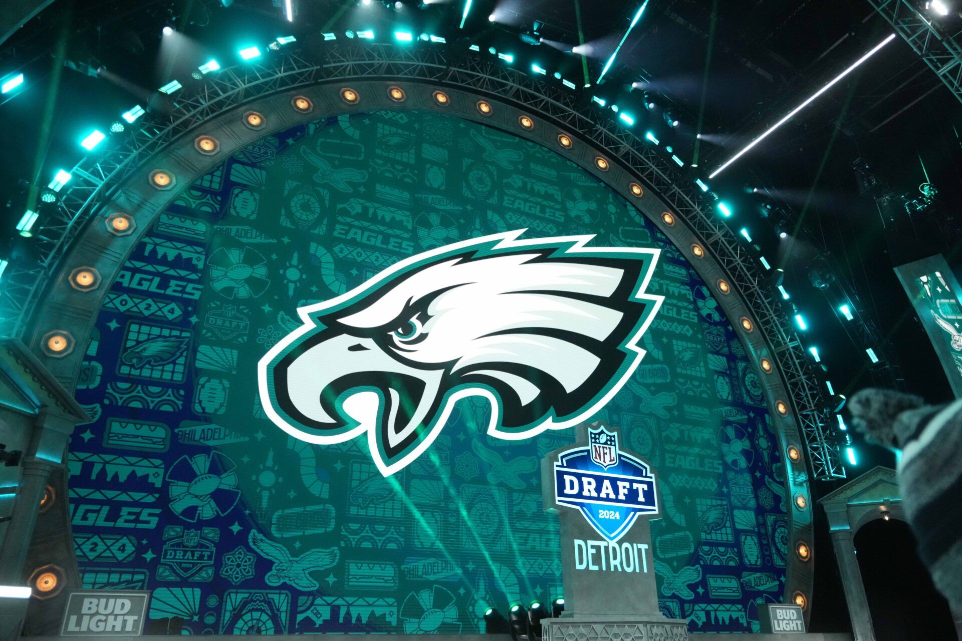 Apr 25, 2024; Detroit, MI, USA; A Philadelphia Eagles logo during the 2024 NFL Draft at Campus Martius Park and Hart Plaza. Mandatory Credit: Kirby Lee-USA TODAY Sports