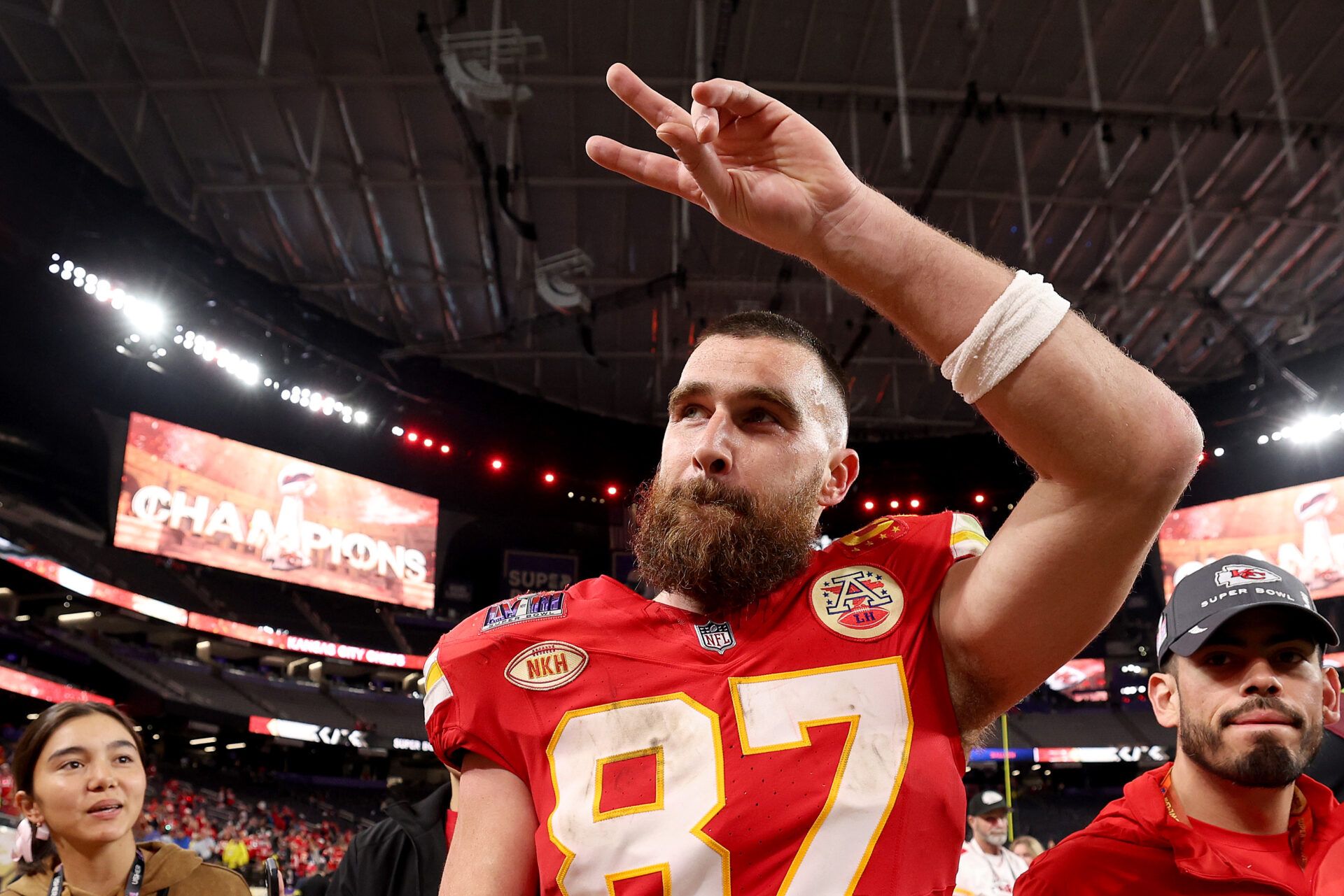 LAS VEGAS, NEVADA - FEBRUARY 11: Travis Kelce #87 of the Kansas City Chiefs reacts after defeating the San Francisco 49ers 25-22 during Super Bowl LVIII at Allegiant Stadium on February 11, 2024 in Las Vegas, Nevada. (Photo by Jamie Squire/Getty Images)
