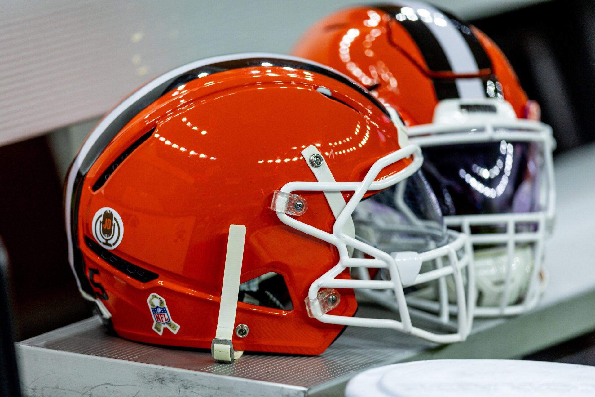 Detailed view of the Cleveland Browns helmets on a time out against the New Orleans Saints during the first half at Caesars Superdome.