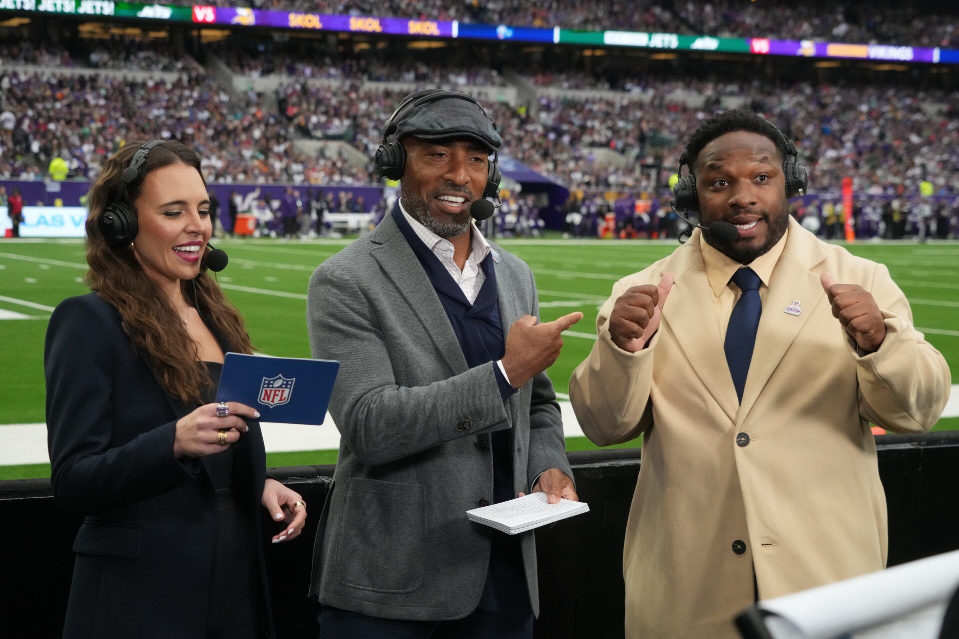 Talia Lazurus (left), Ronde Barber (center), and Maurice Jones-Drew during the 2024 NFL London Game between the New York Jets and the Minnesota Vikings at Tottenham Hotspur Stadium.