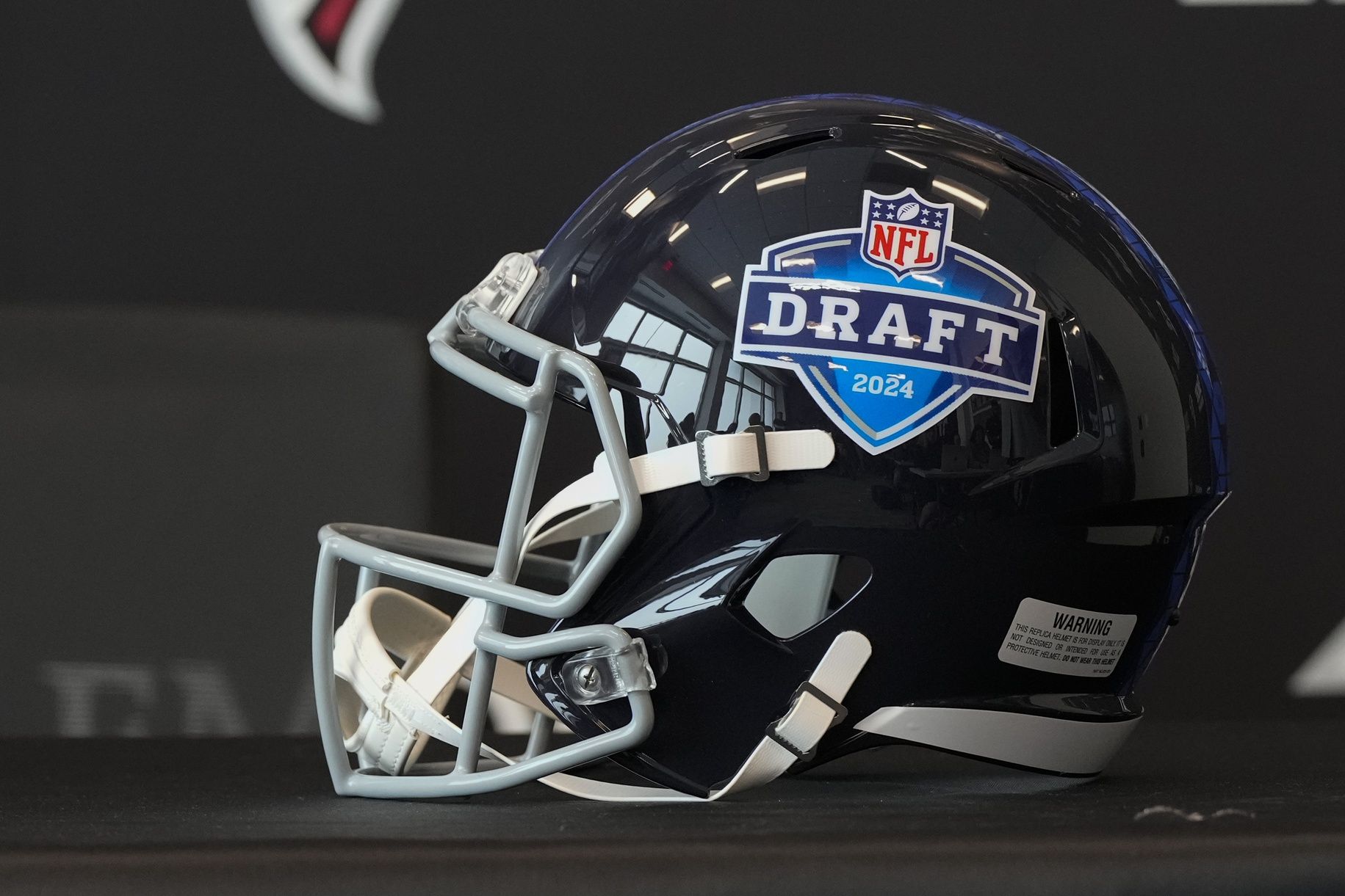 The setup for the press conference used by the Atlanta Falcons to introduce first round NFL draft pick quarterback Michael Penix Jr (not shown) at the Falcons training complex.