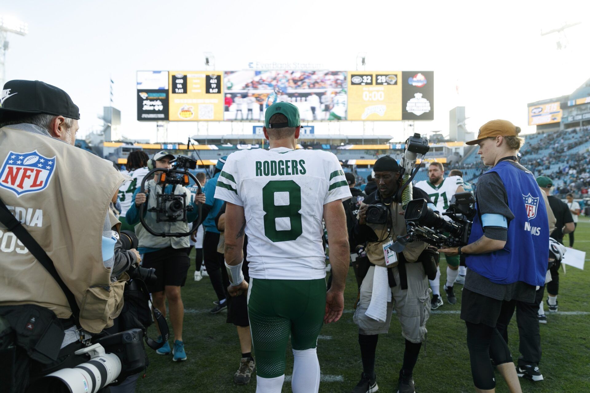 New York Jets quarterback Aaron Rodgers (8) after the game against the Jacksonville Jaguars at EverBank Stadium.
