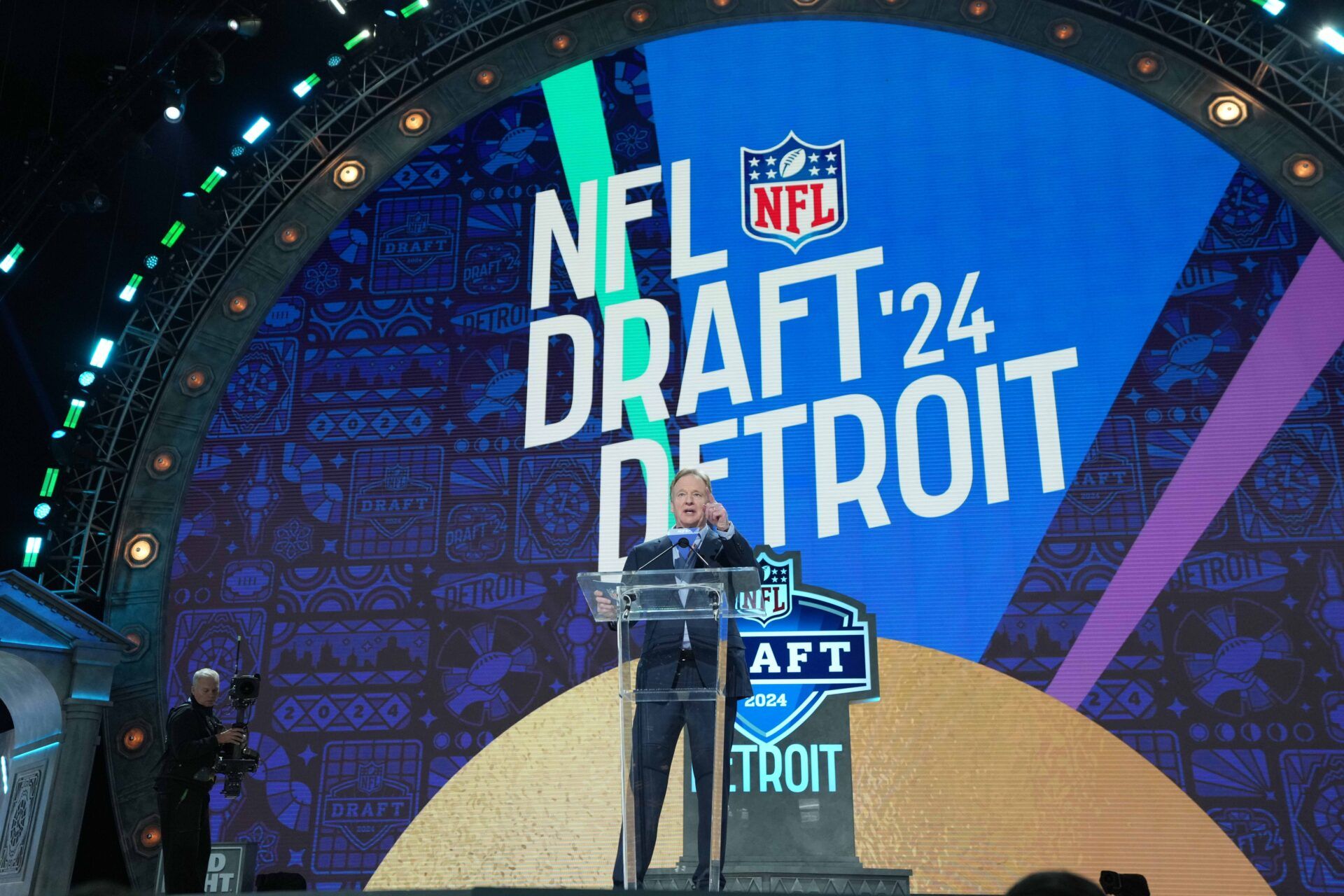 NFL commissioner Roger Goodell speaks during the 2024 NFL Draft at Campus Martius Park and Hart Plaza.