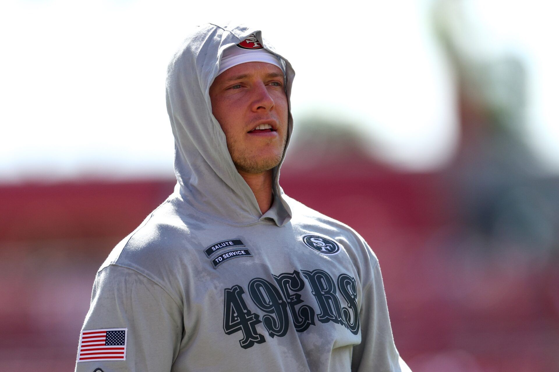 San Francisco 49ers running back Christian McCaffrey (23) warms up before a game against the Tampa Bay Buccaneers at Raymond James Stadium.