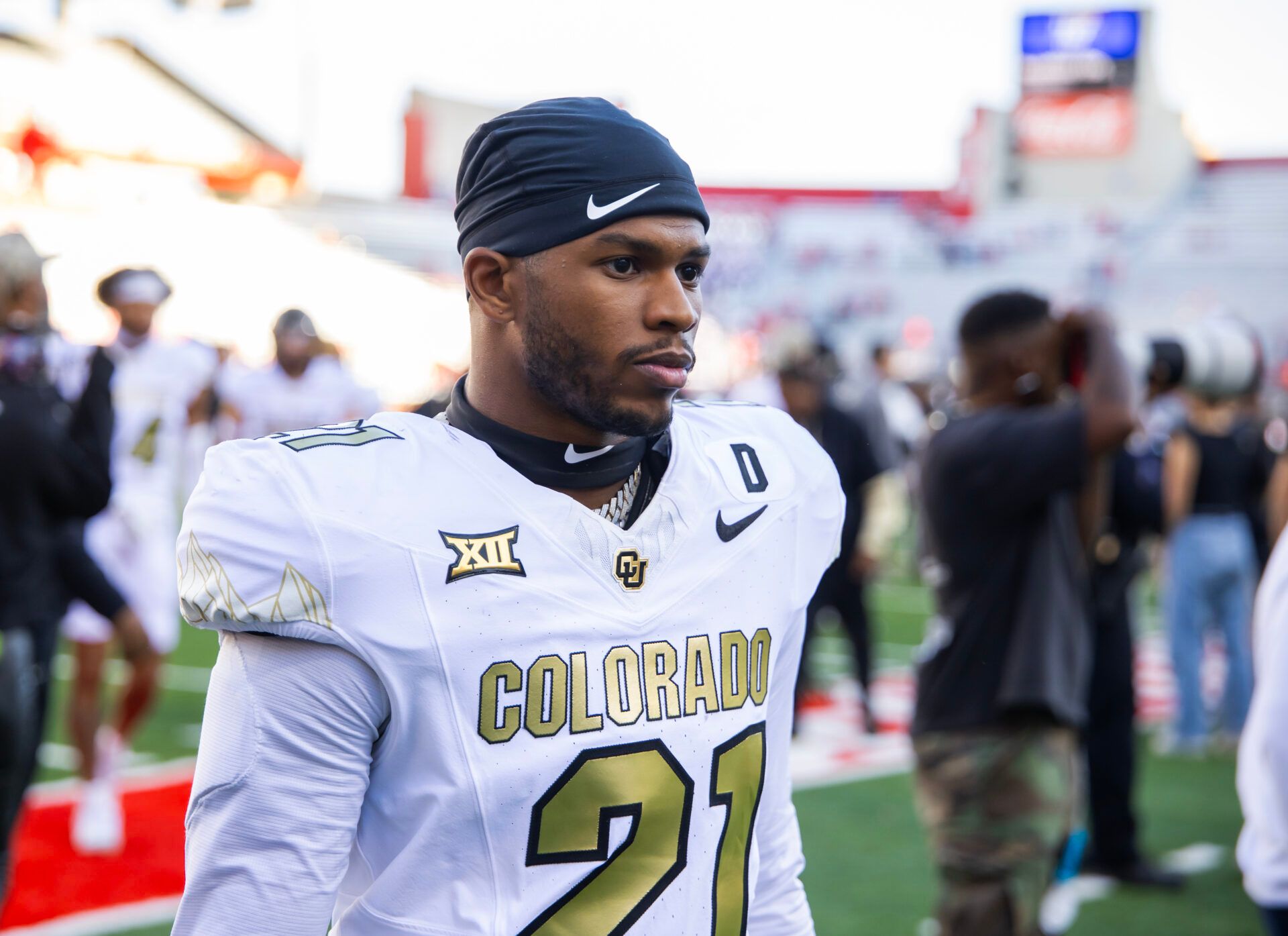 Oct 19, 2024; Tucson, Arizona, USA; Colorado Buffalos safety Shilo Sanders (21) against the Arizona Wildcats at Arizona Stadium. Mandatory Credit: Mark J. Rebilas-Imagn Images