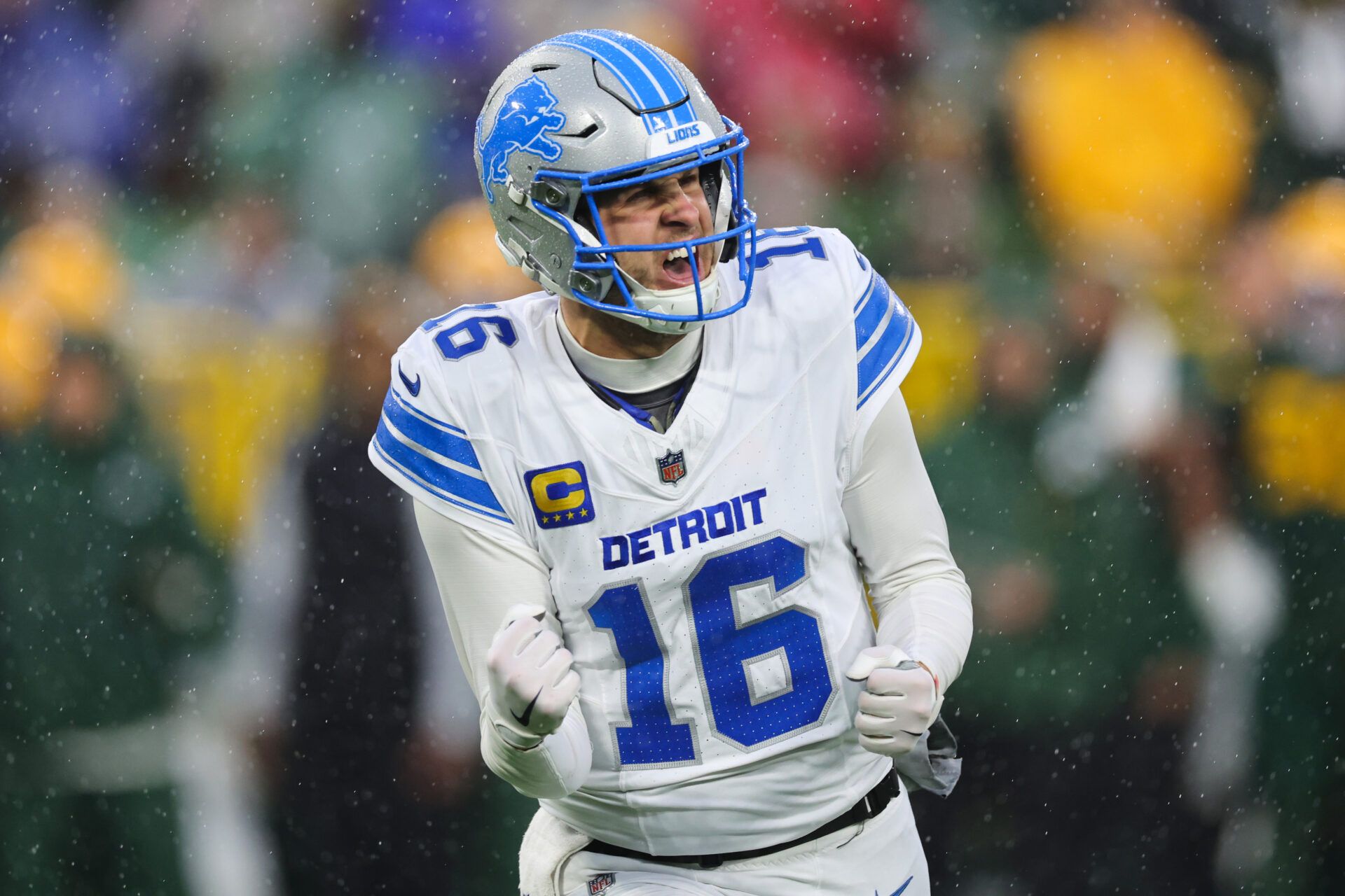 GREEN BAY, WISCONSIN - NOVEMBER 03: Quarterback Jared Goff #16 of the Detroit Lions reacts after throwing a second quarter touchdown pass against the Green Bay Packers at Lambeau Field on November 03, 2024 in Green Bay, Wisconsin. (Photo by Stacy Revere/Getty Images)