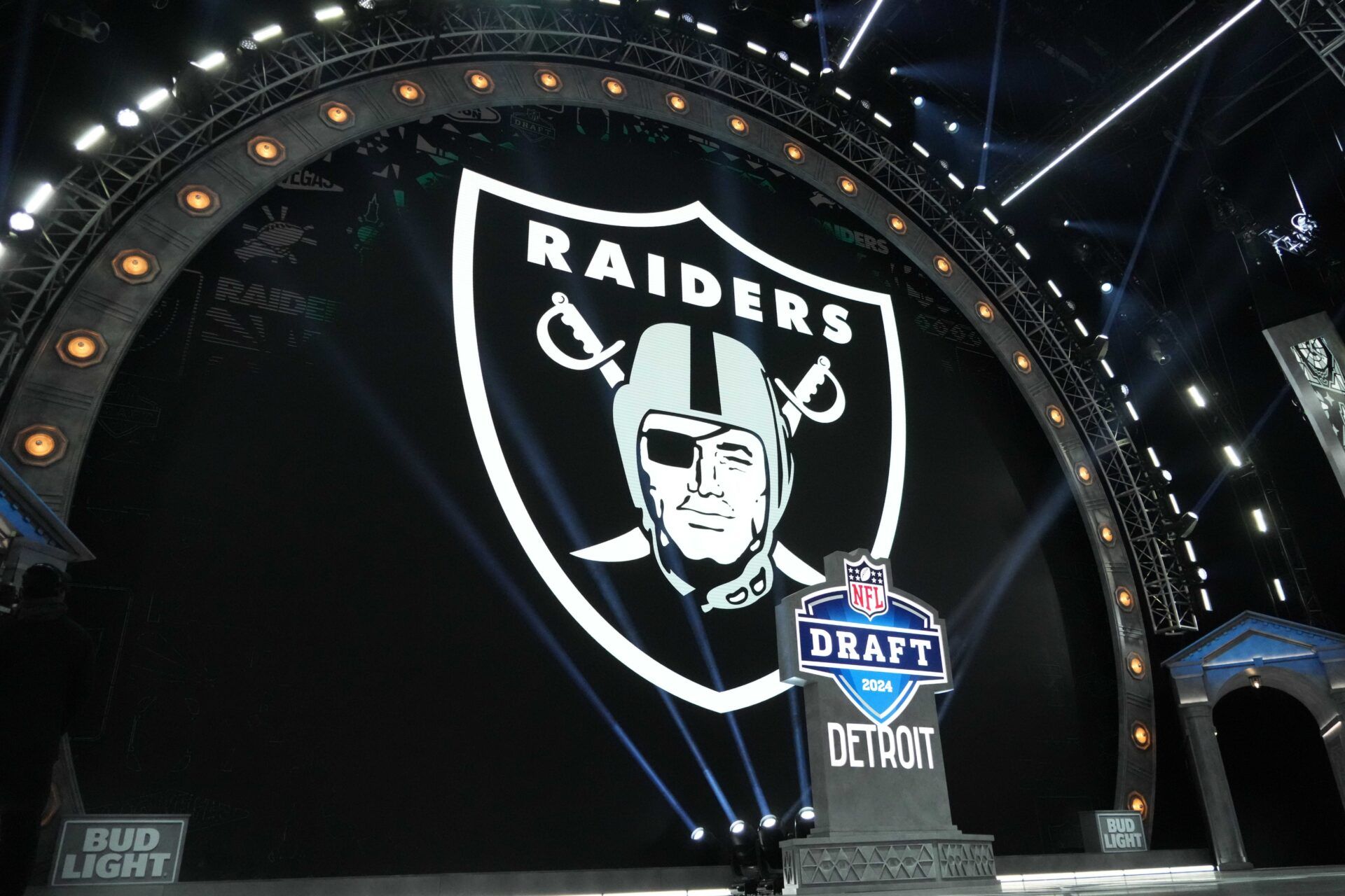 Apr 25, 2024; Detroit, MI, USA; A Las Vegas Raiders logo at the 2024 NFL Draft at Campus Martius Park and Hart Plaza. Mandatory Credit: Kirby Lee-USA TODAY Sports