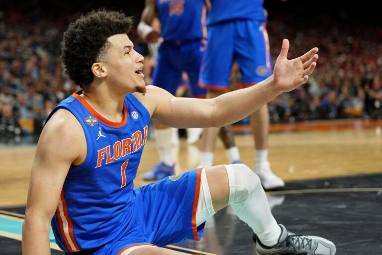 Apr 5, 2025; San Antonio, TX, USA; Florida Gators guard Walter Clayton Jr. (1) reacts after a play against the Auburn Tigers during the second half in the semifinals of the men's Final Four of the 2025 NCAA Tournament at the Alamodome. Mandatory Credit: Bob Donnan-Imagn Images