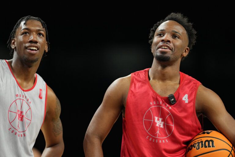 Apr 4, 2025; San Antonio, TX, USA; Houston Cougars guard Kordelius Jefferson (0) and guard L.J. Cryer (4) during a practice session for the Final Four of the 2025 NCAA tournament at Alamodome. Mandatory Credit: Bob Donnan-Imagn Images