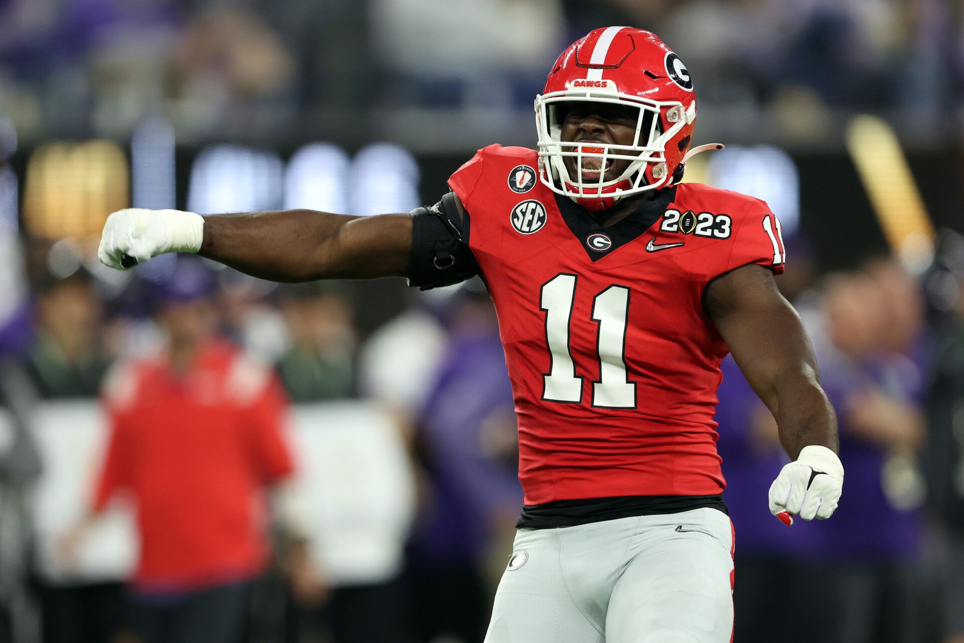 INGLEWOOD, CALIFORNIA - JANUARY 09: Jalon Walker #11 of the Georgia Bulldogs reacts after a sack in the fourth quarter against the TCU Horned Frogs in the College Football Playoff National Championship game at SoFi Stadium on January 09, 2023 in Inglewood, California. (Photo by Sean M. Haffey/Getty Images)