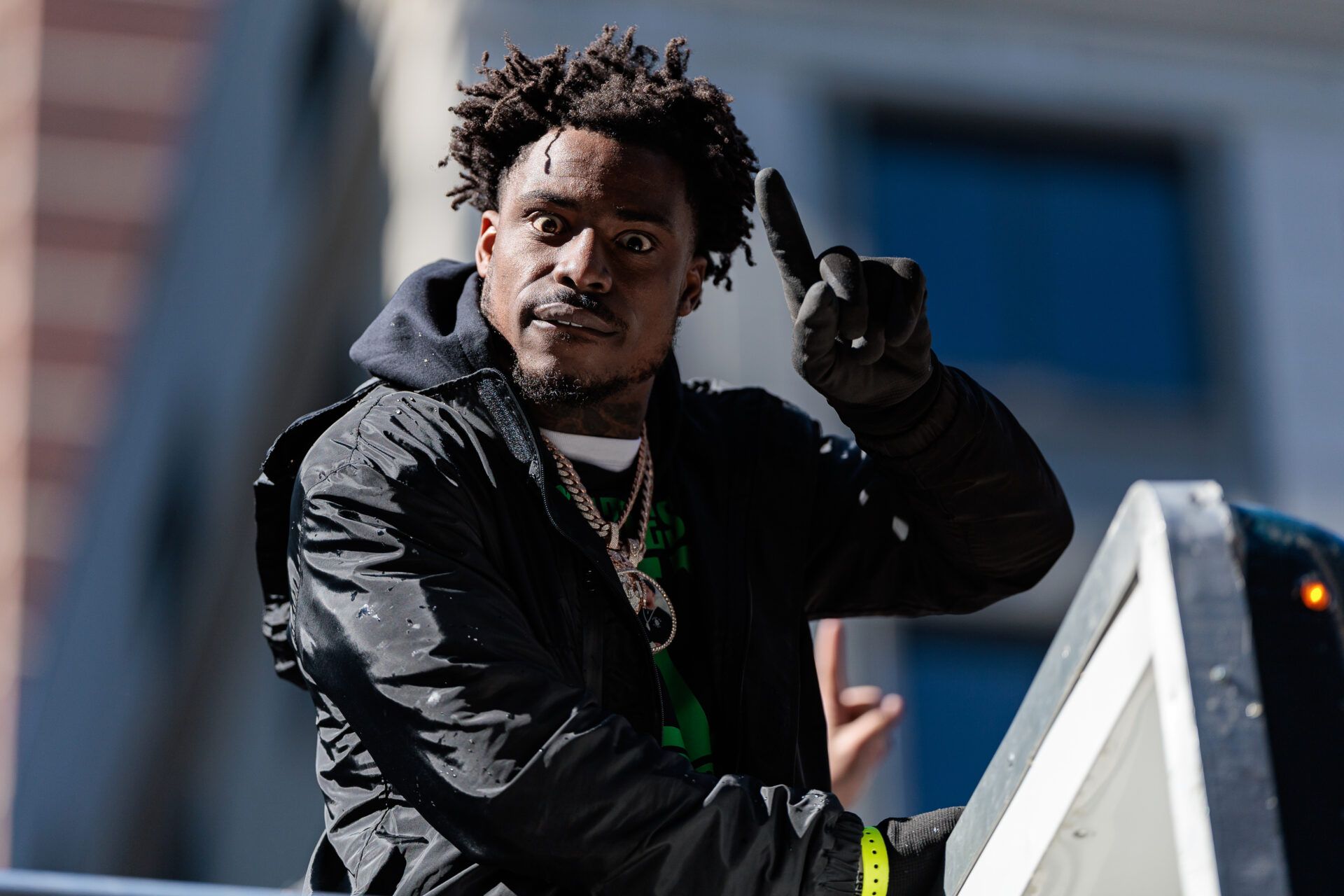 Feb 14, 2025; Philadelphia, PA, USA; Philadelphia Eagles safety C.J. Gardner-Johnson (8) celebrates during the Super Bowl LIX championship parade and rally. Mandatory Credit: Caean Couto-Imagn Images