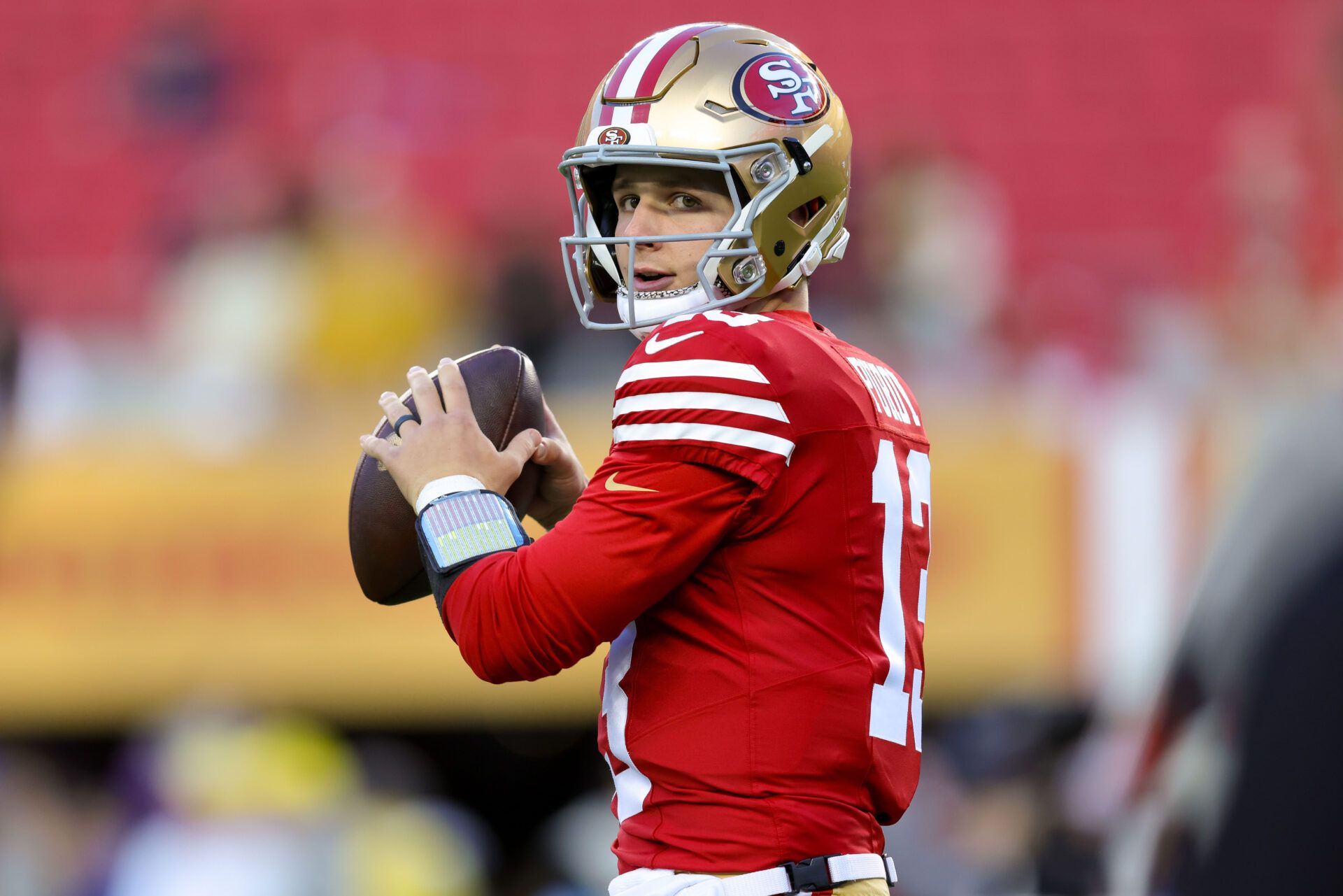 Dec 30, 2024; Santa Clara, California, USA; San Francisco 49ers quarterback Brock Purdy (13) before the game against the Detroit Lions at Levi's Stadium. Mandatory Credit: Sergio Estrada-Imagn Images