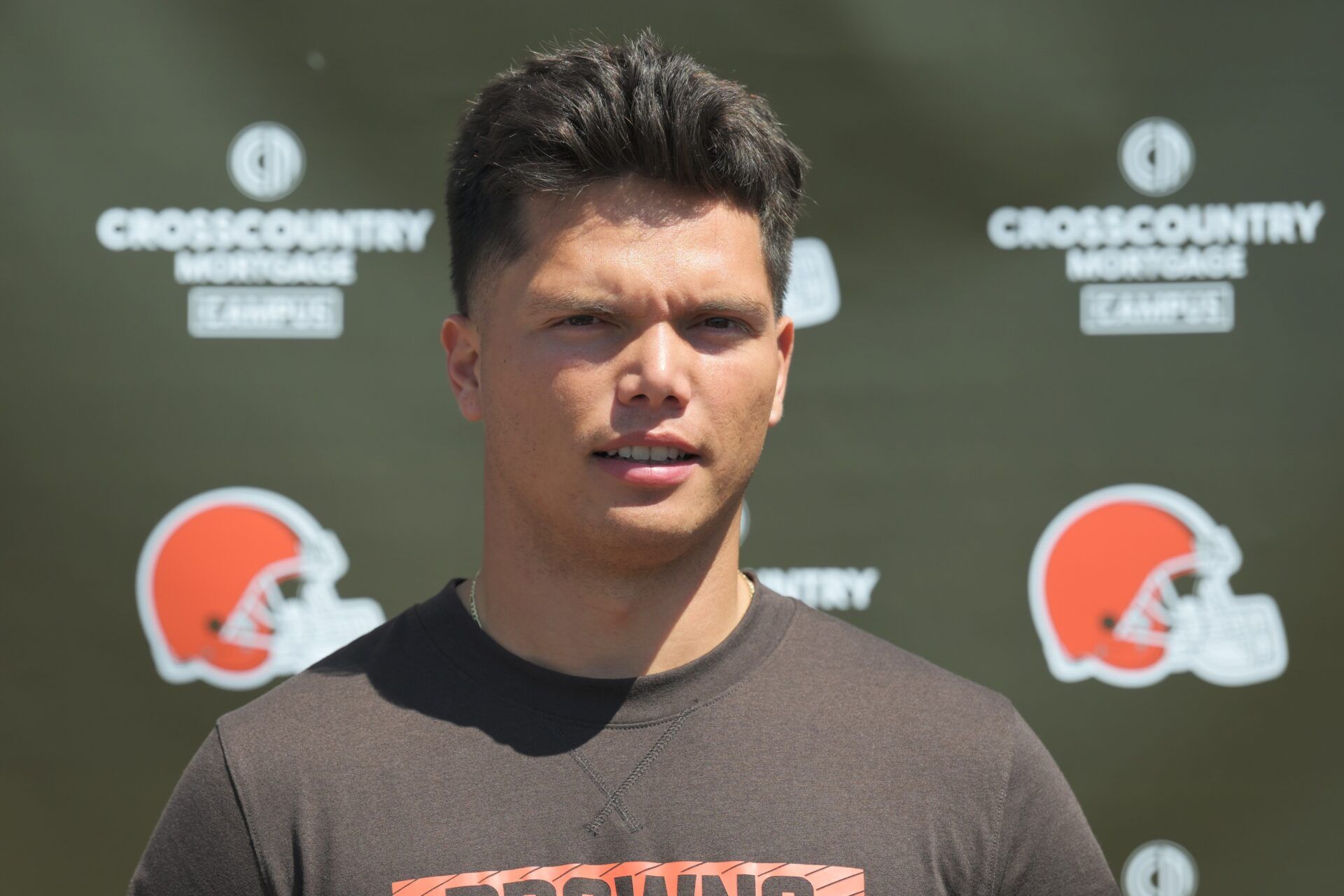Cleveland Browns quarterback Dillon Gabriel (5) talks to the media during rookie minicamp at CrossCountry Mortgage Campus.