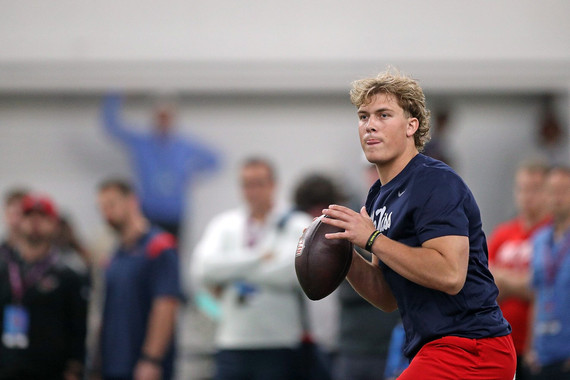 OXFORD, MISSISSIPPI - MARCH 28: Jaxson Dart #2 of the Mississippi Rebels participates in a drill during Ole Miss Pro Day at the Manning Athletic Center on March 28, 2025 in Oxford, Mississippi. (Photo by Justin Ford/Getty Images)