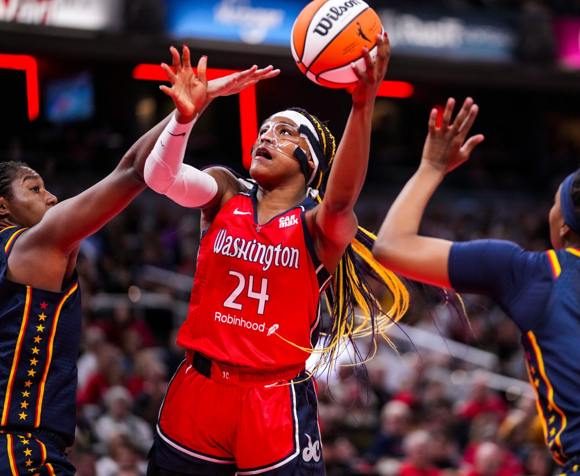 Washington Mystics forward Aaliyah Edwards (24) goes up for a shot Wednesday, July 10, 2024, during the game at Gainbridge Fieldhouse in Indianapolis.