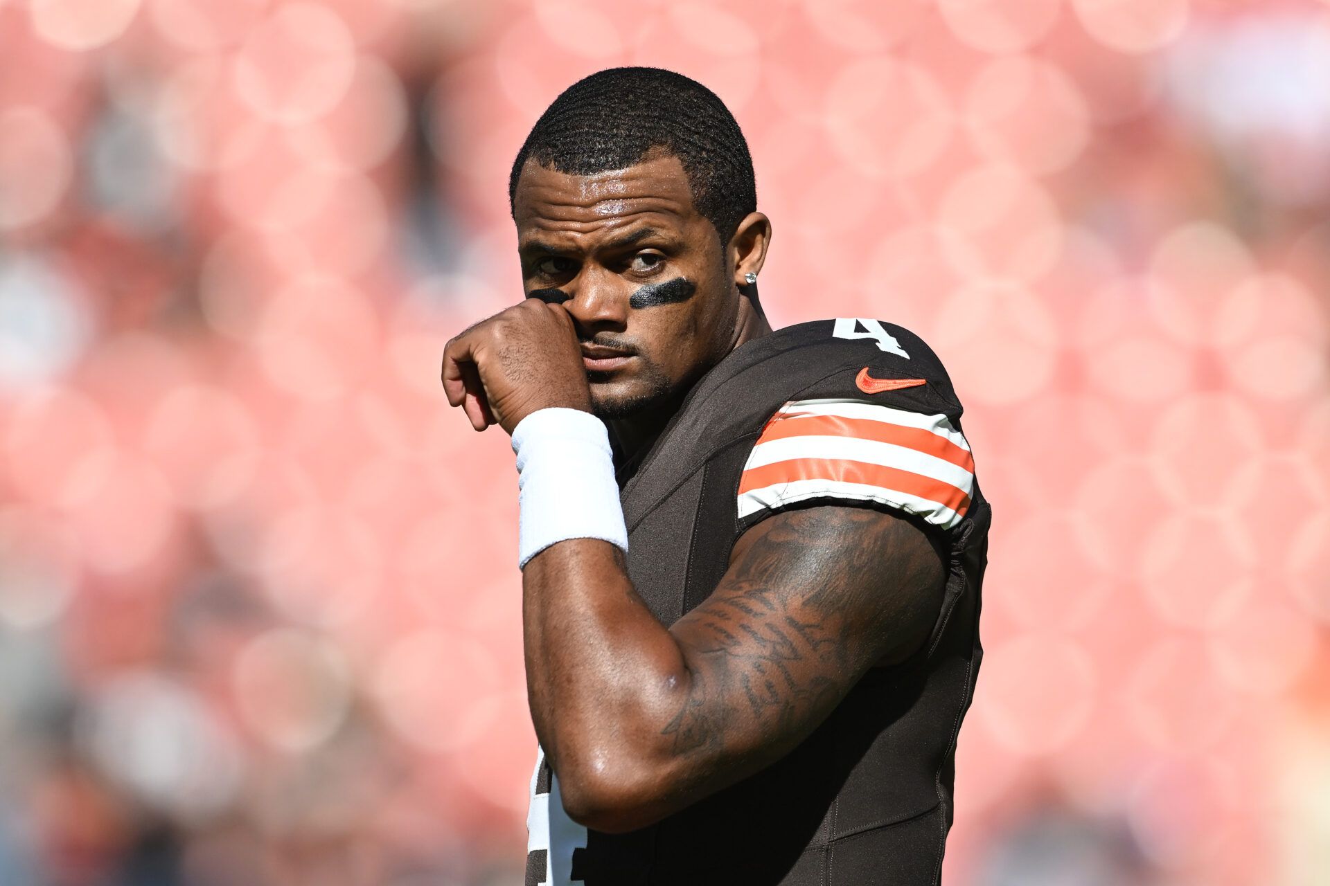 CLEVELAND, OHIO - OCTOBER 20: Deshaun Watson #4 of the Cleveland Browns looks on during warmups before a game against the Cincinnati Bengals at Huntington Bank Field on October 20, 2024 in Cleveland, Ohio. (Photo by Nick Cammett/Getty Images)