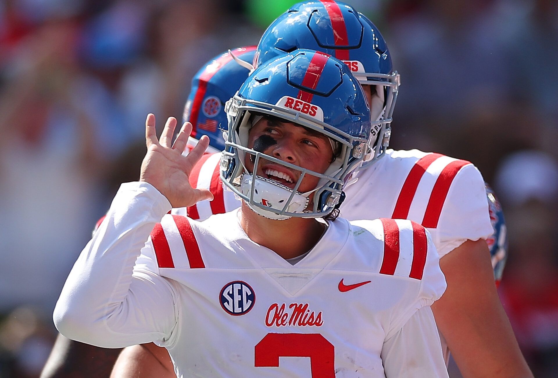 TUSCALOOSA, ALABAMA - SEPTEMBER 23: Jaxson Dart #2 of the Mississippi Rebels reacts after rushing for a touchdown against the Alabama Crimson Tide during the first quarter at Bryant-Denny Stadium on September 23, 2023 in Tuscaloosa, Alabama. (Photo by Kevin C. Cox/Getty Images)