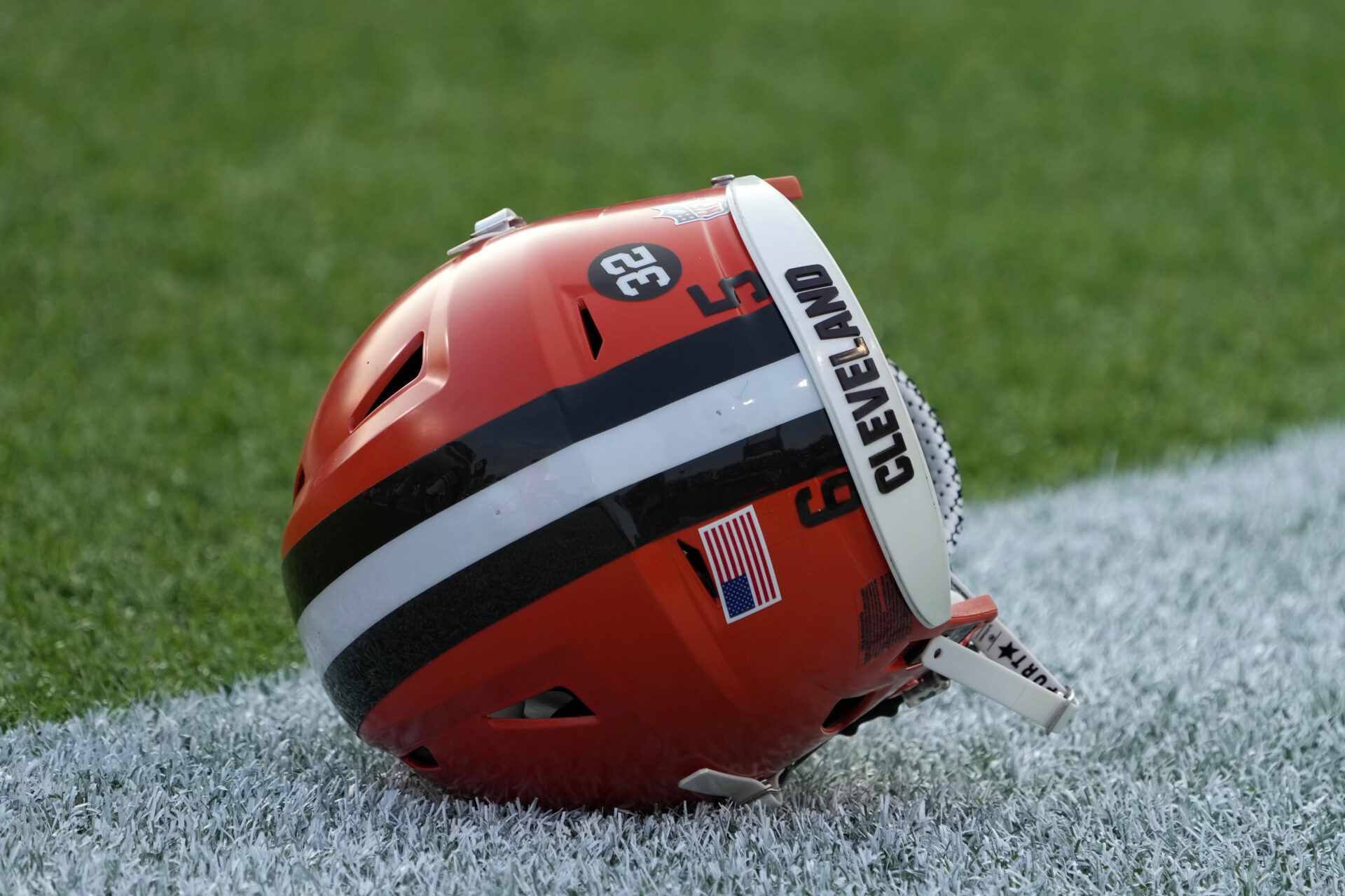 Aug 3, 2023; Canton, Ohio, USA; The Cleveland Browns helmet of defensive tackle Michael Dwumfour (65) on the field at Tom Benson Hall of Fame Stadium. Mandatory Credit: Kirby Lee-USA TODAY Sports